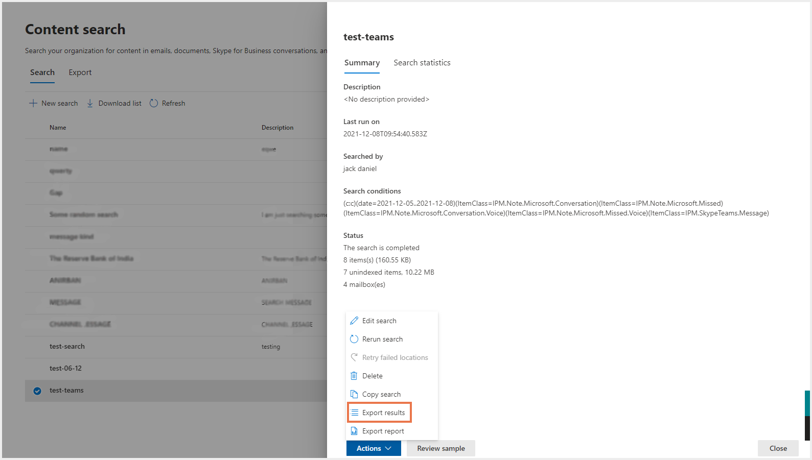 コンテンツ検索結果のエクスポート