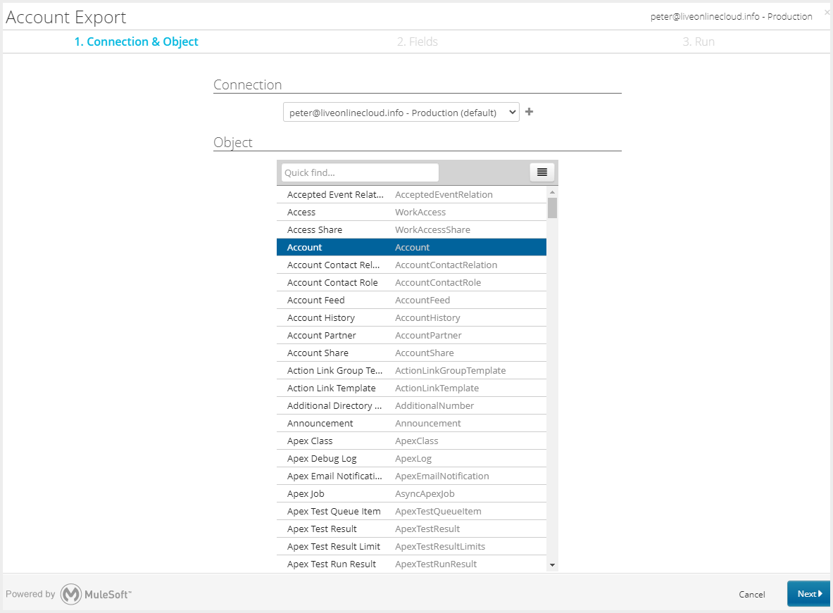 select the objects to be exported