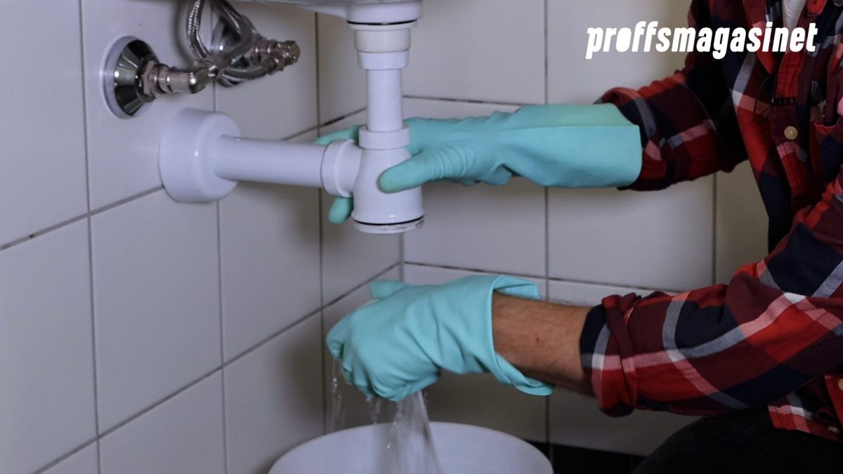 Person skruvar loss botten på vattenlåset