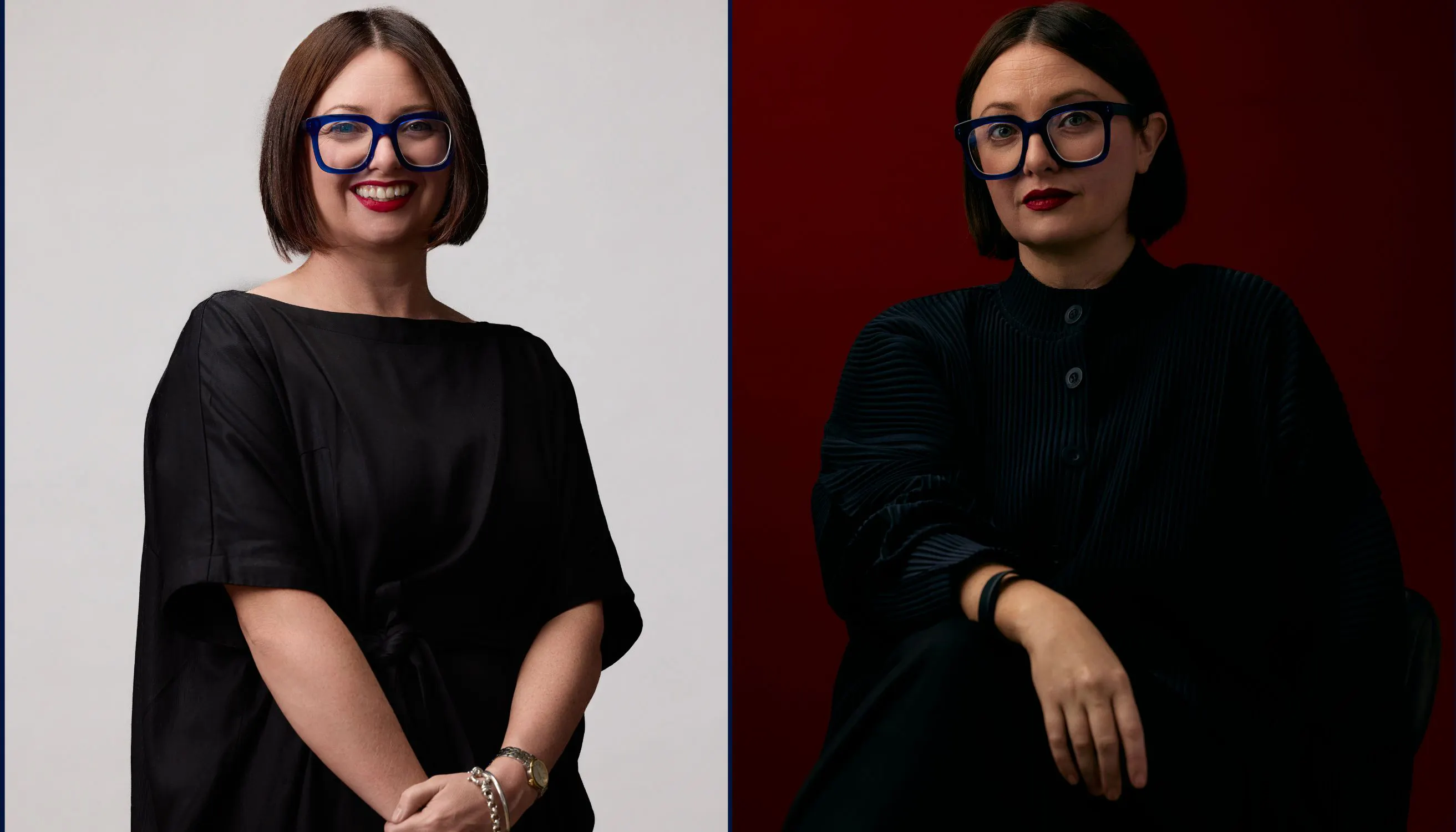 Side-by-side comparison of a soft bright corporate headshot and a dark moody executive portrait of the same woman