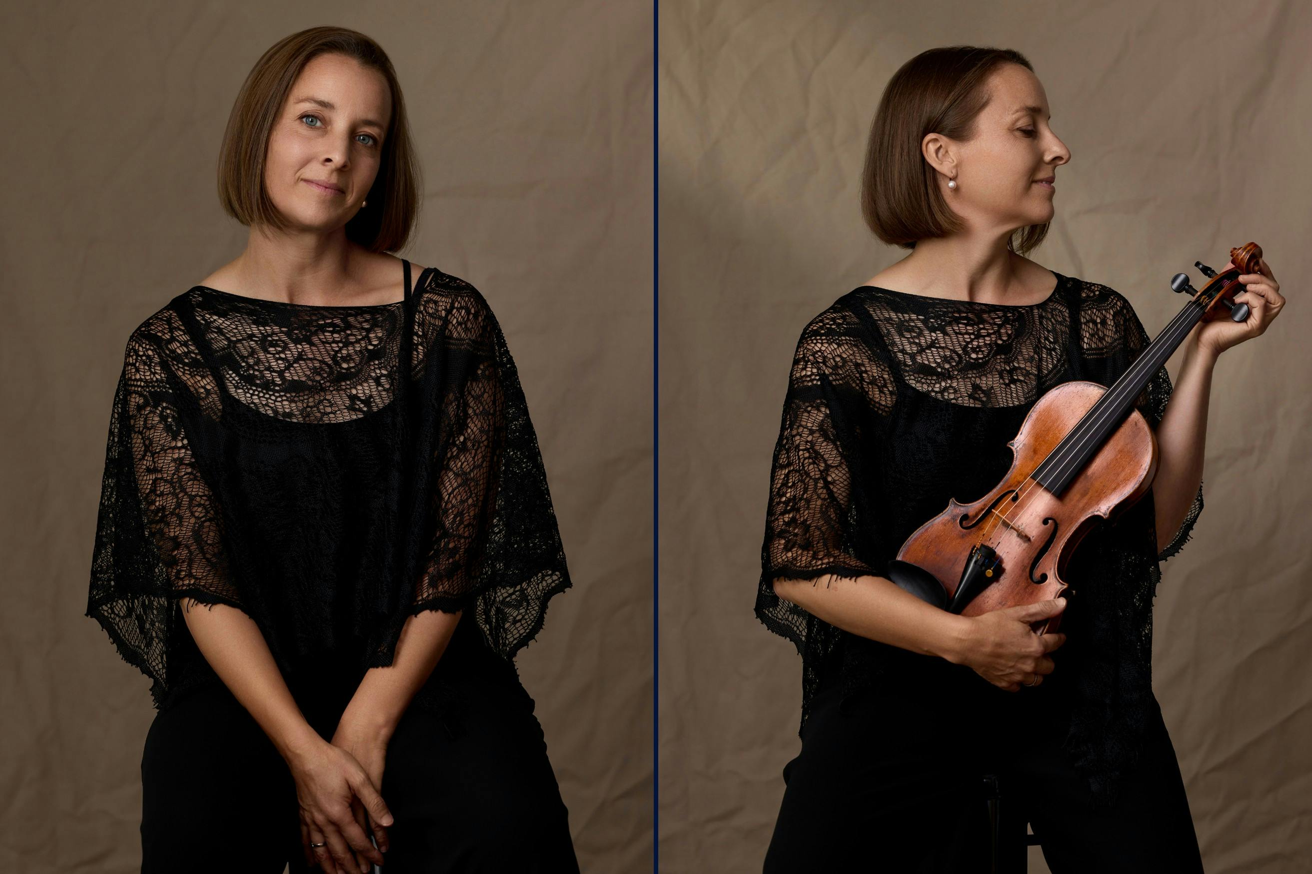 Close-up portrait of NZSO violinist Anna van der Zee, smiling and holding her violin