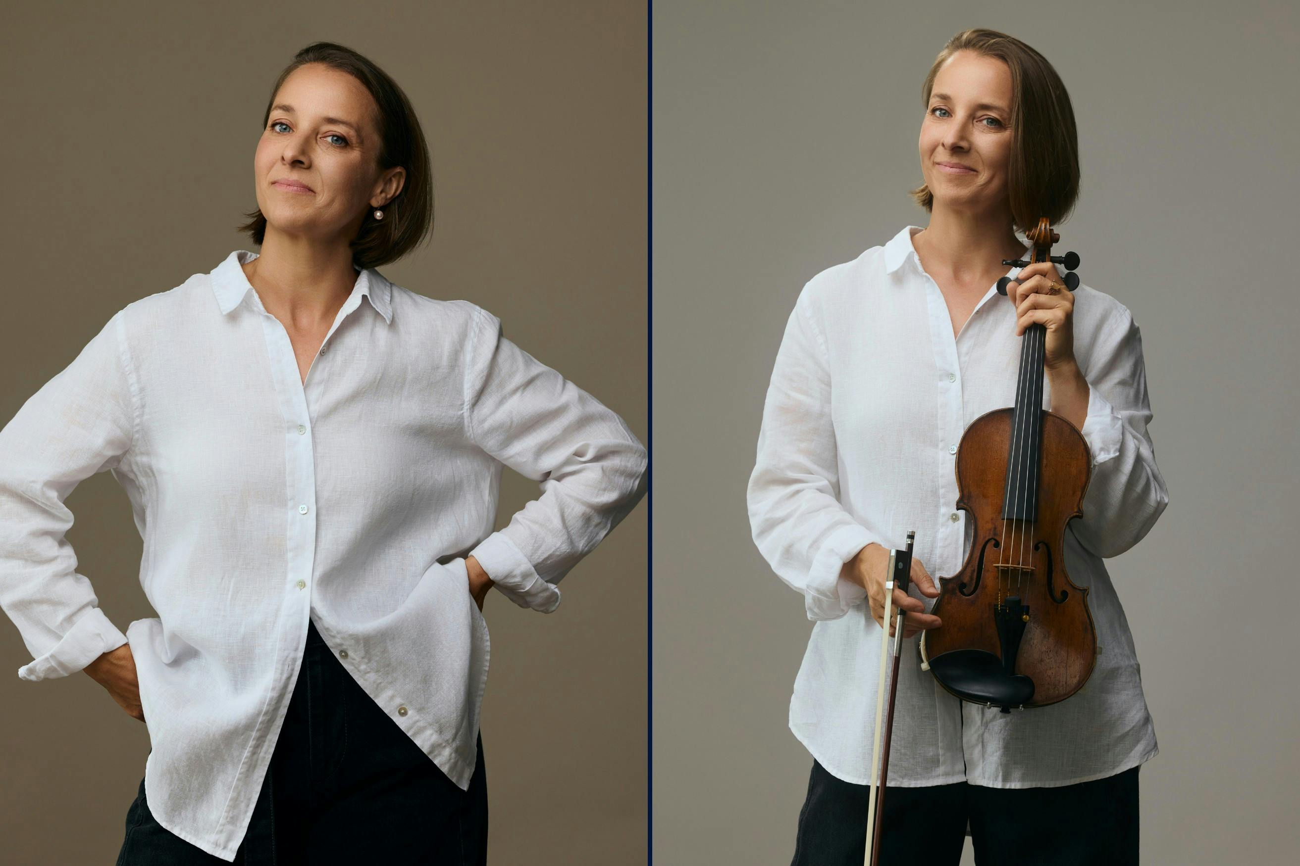 Anna van der Zee laughing while holding her violin, showcasing her warm and humorous personality