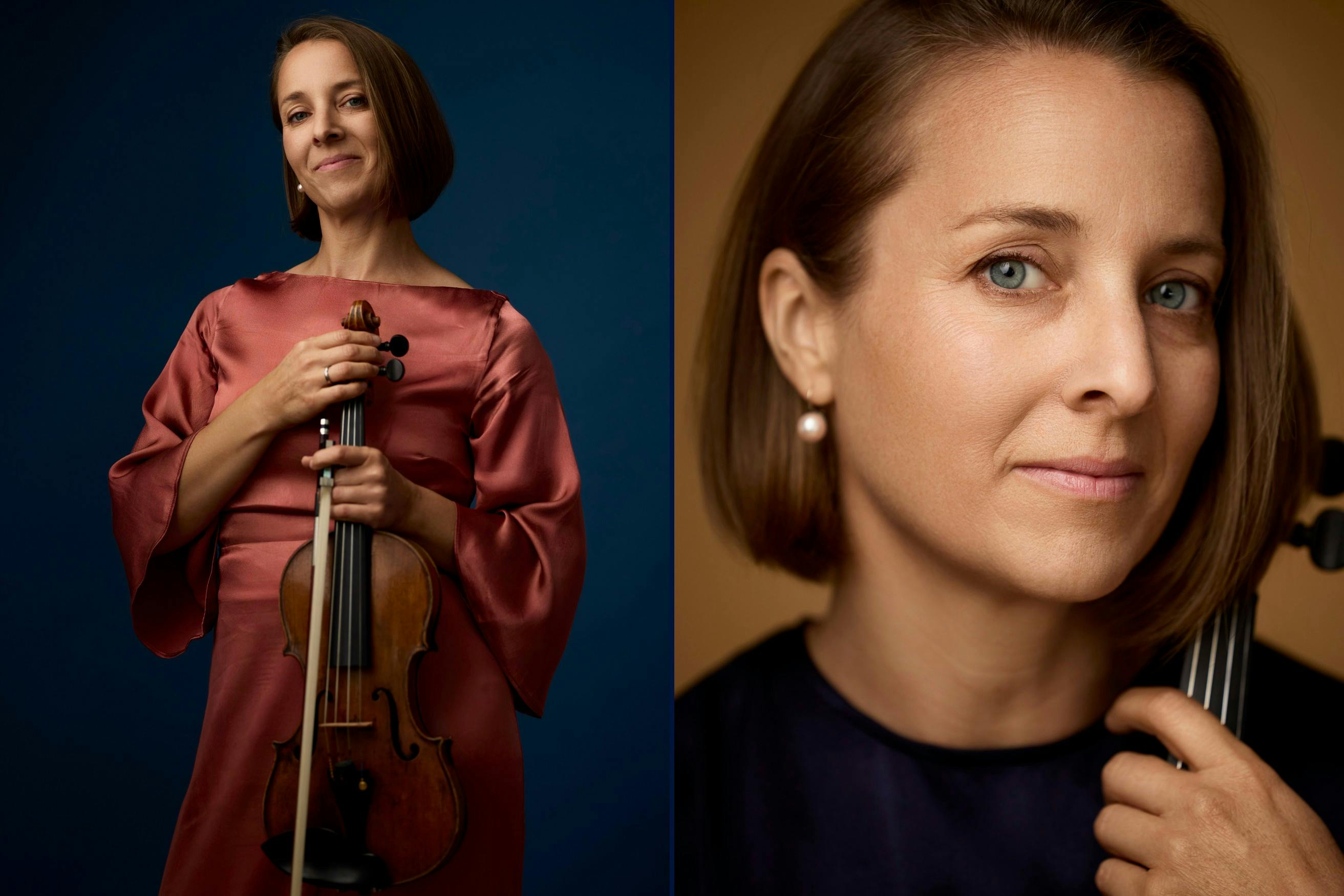 Anna van der Zee posing with her violin in a thoughtful moment