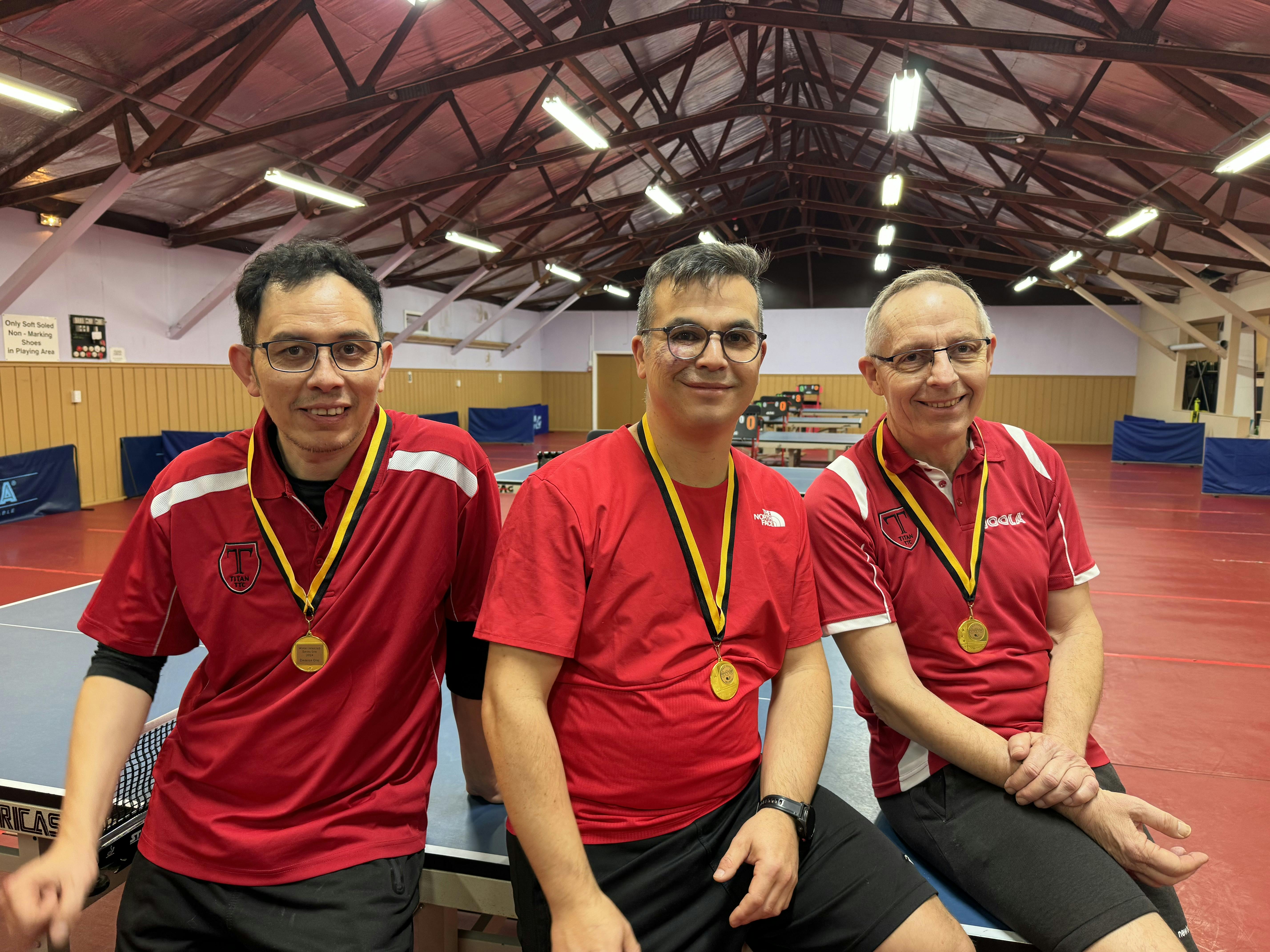 Titan Spin Squad, Winners of Division 1 Wellington Winter Interclub 2024 - From Left, Alejandro, Steve (me) and Peter