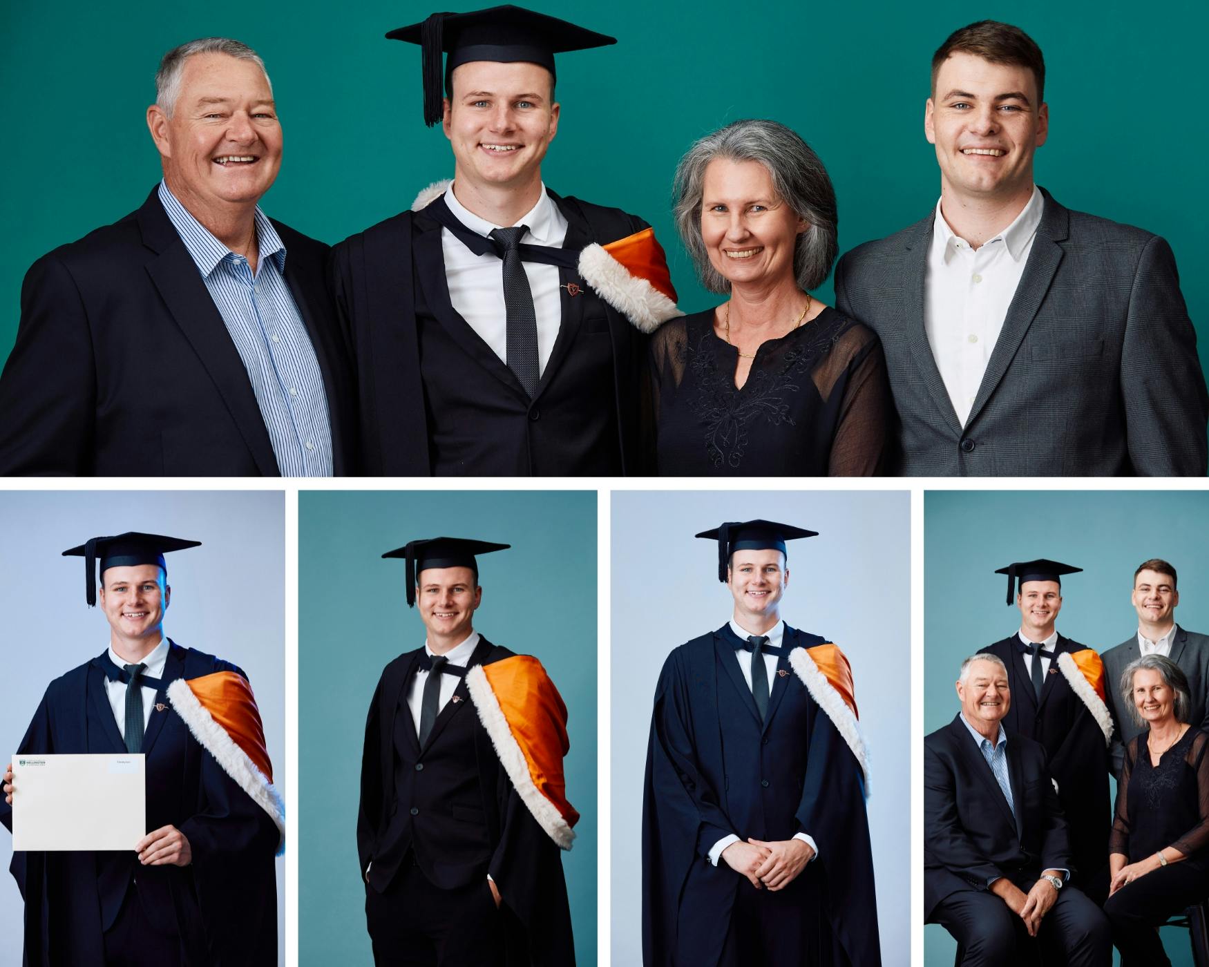 Graduate with family members posing in Profile Photos studio in Wellington