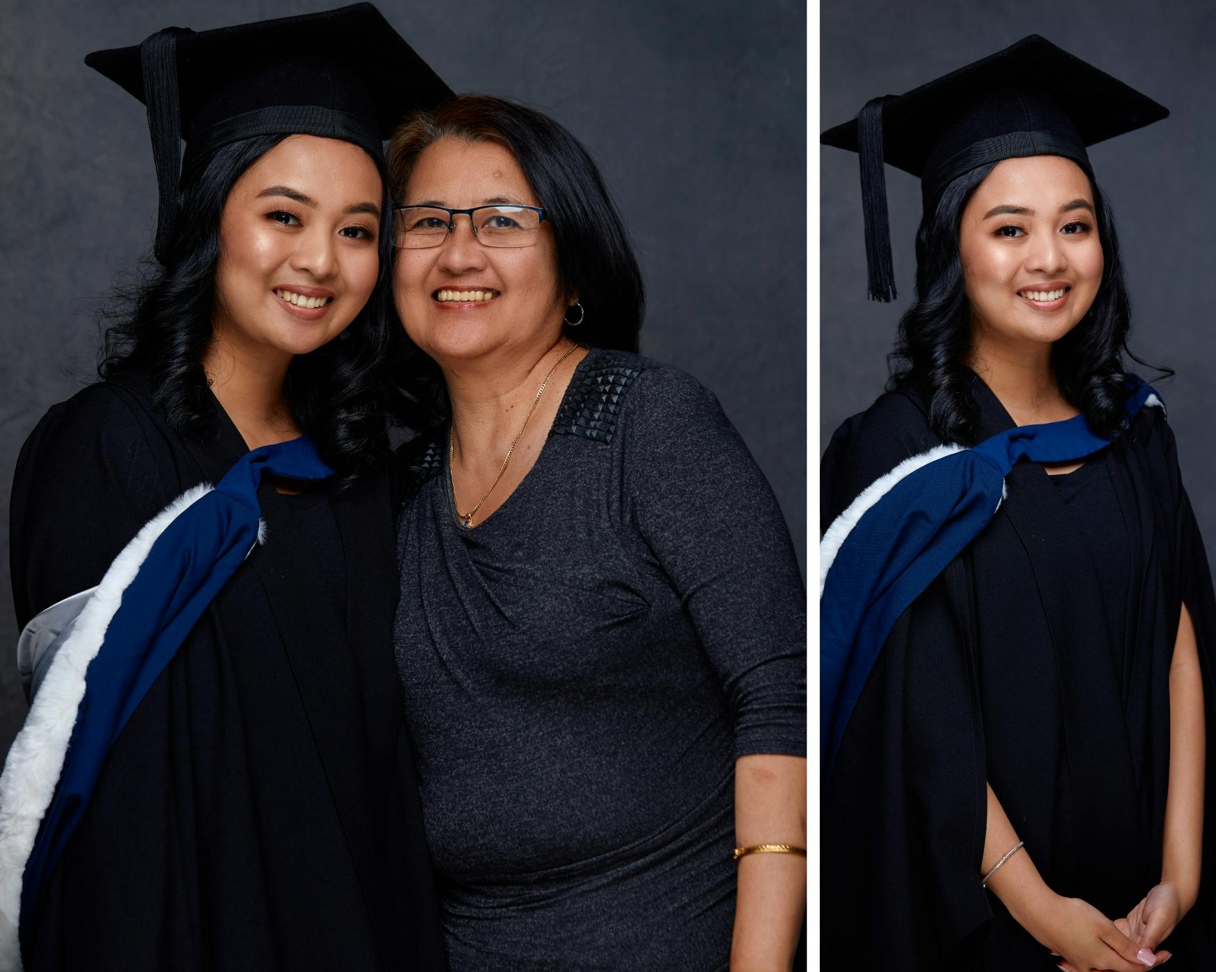 Graduate in cap and gown against a light studio background at Profile Photos