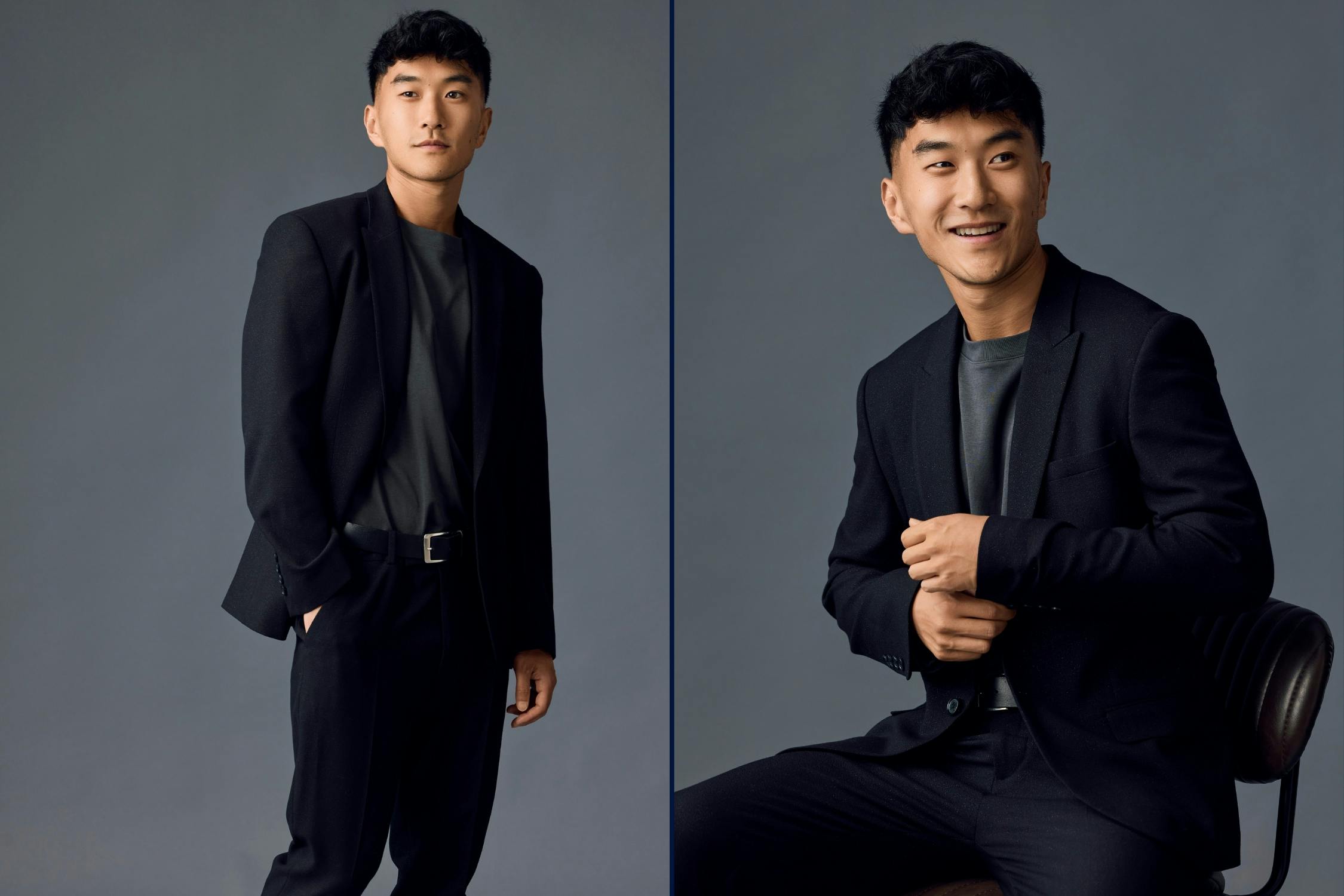 Justin Sun, NZSO bassoonist, in classic grey portrait lighting, wearing a blazer and calm expression.