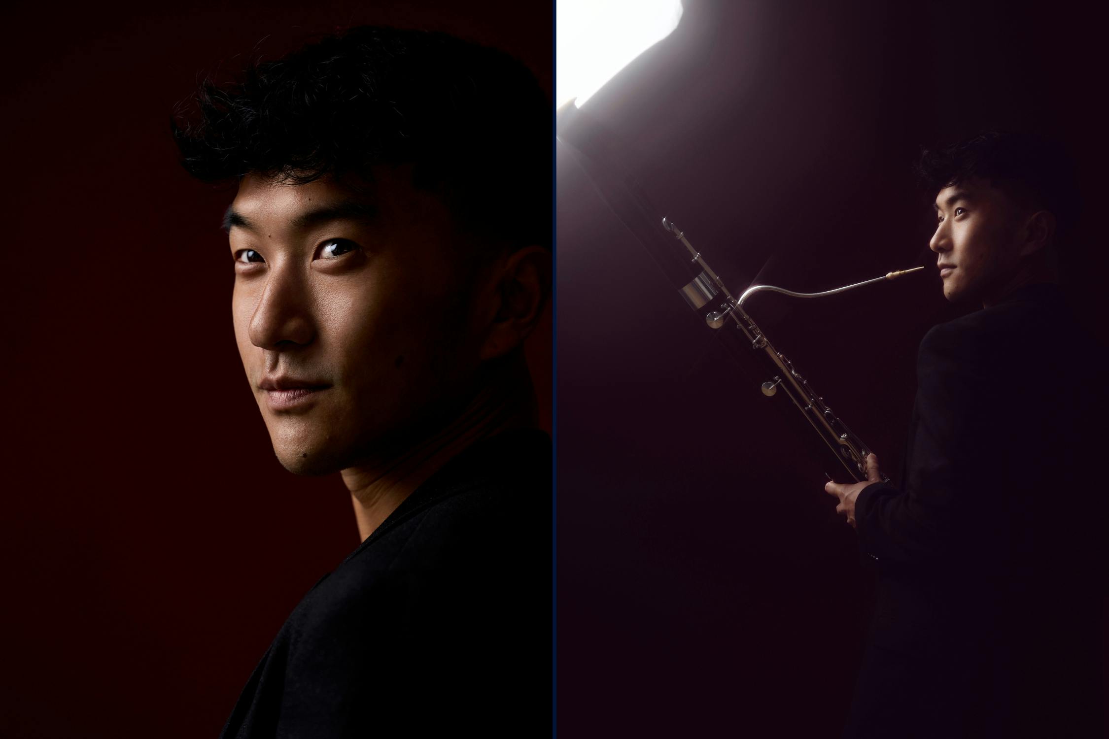 Justin Sun holding his bassoon against a red background with dramatic side lighting and a cinematic glow.
