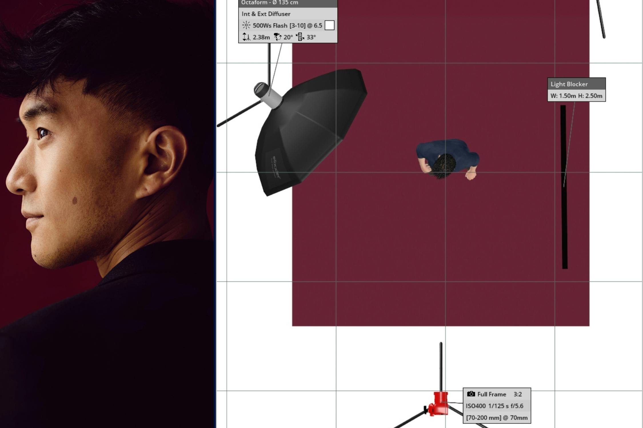 Lighting diagram for Justin Sun portrait, Rembrandt side light with mist and star filter effects.