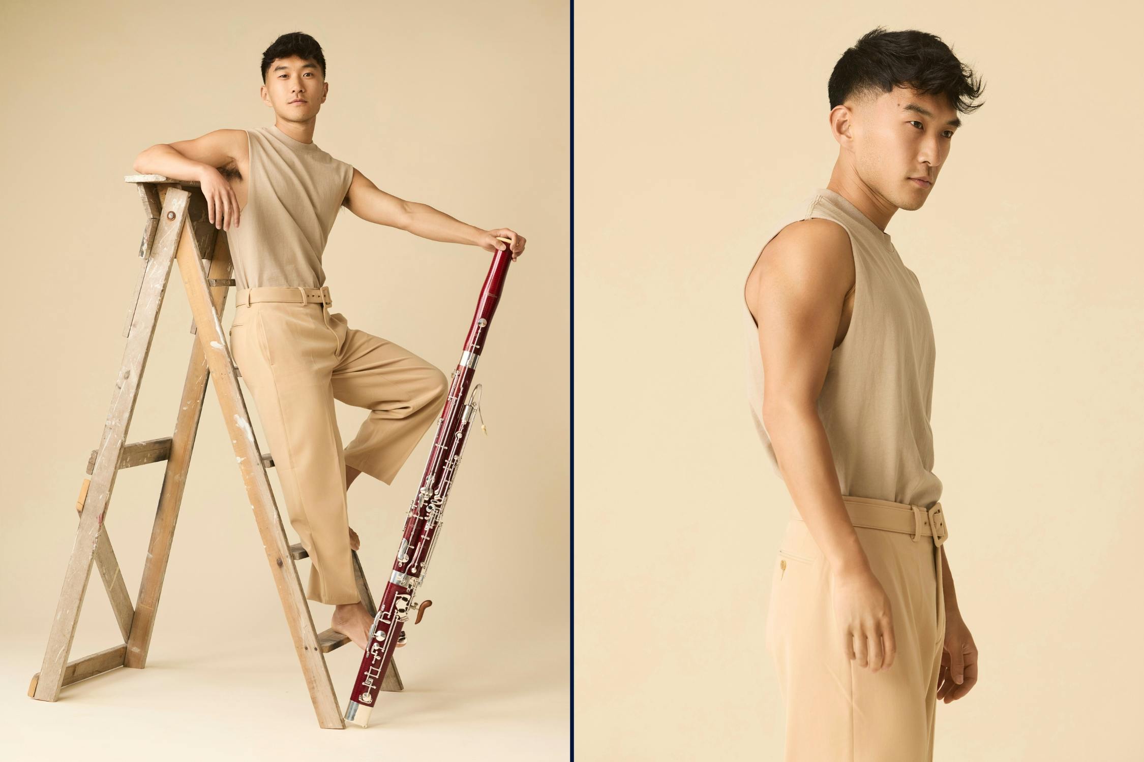 Justin Sun, NZSO musician, posed with wooden ladder and bassoon in soft daylight, beige-on-beige styling.