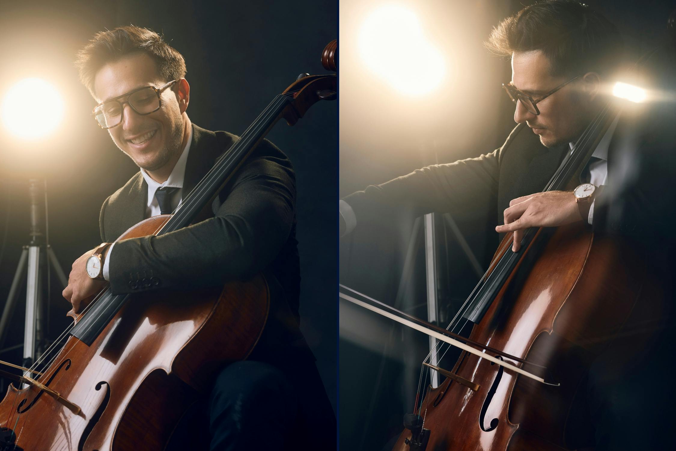 Editorial portraits of Ian Greenberg playing cello in moody backlight with dramatic spotlight atmosphere.