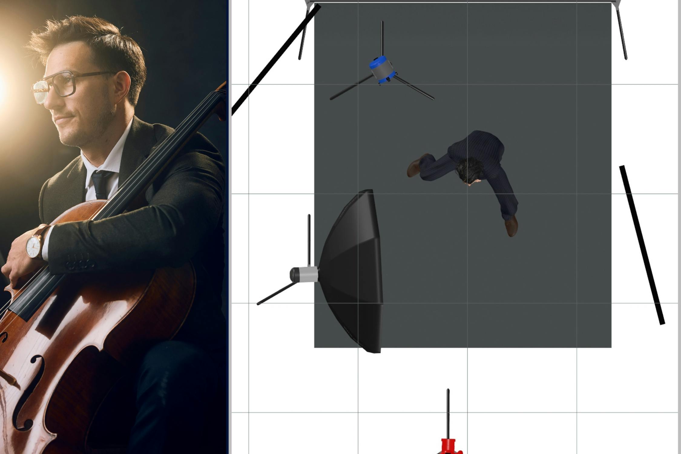 Lighting diagram showing cinematic backlight and side octabox setup for cello portrait of Ian Greenberg.