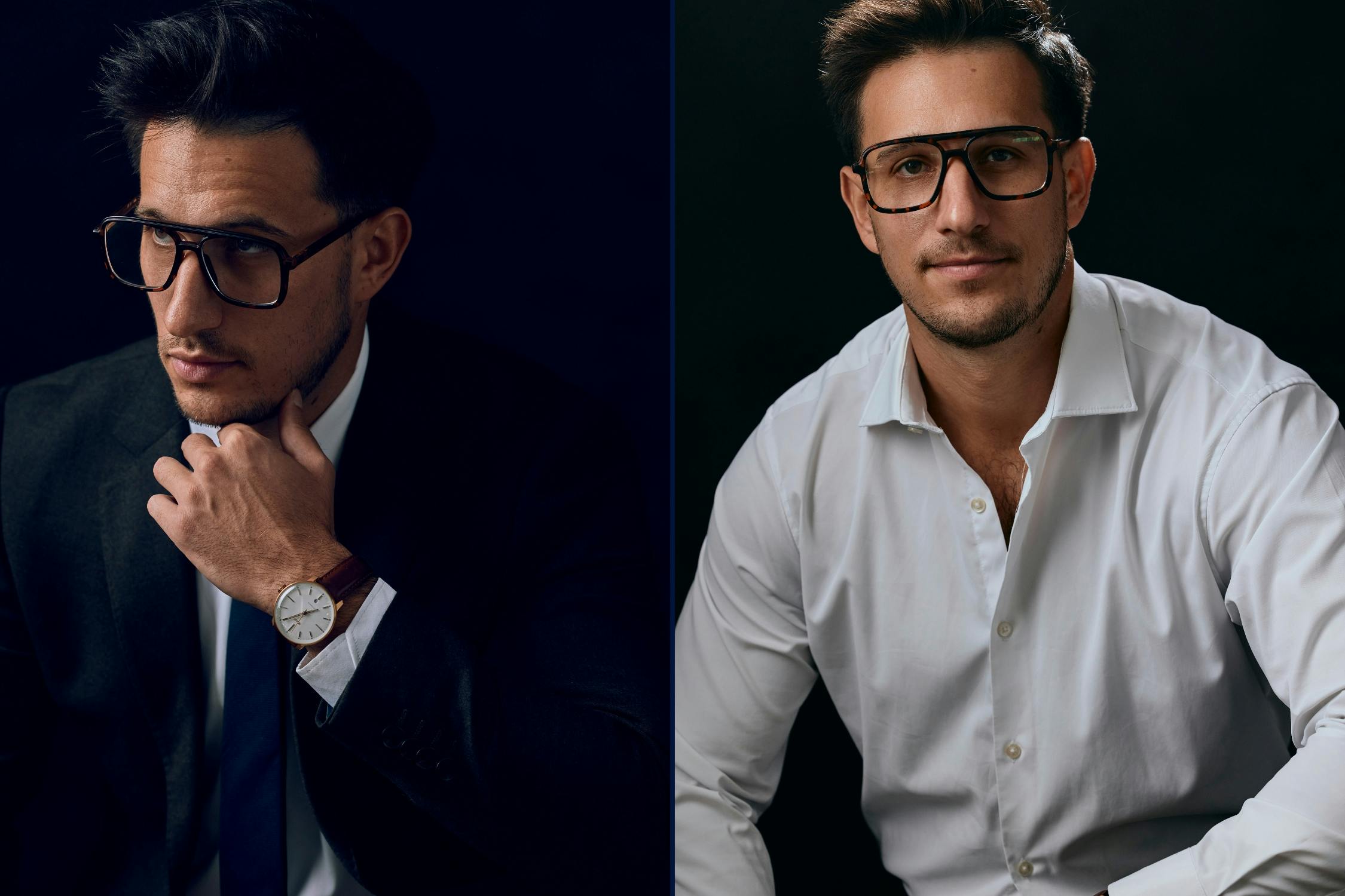 Refined portrait of Ian Greenberg in suit and glasses with cinematic side lighting and clean background.