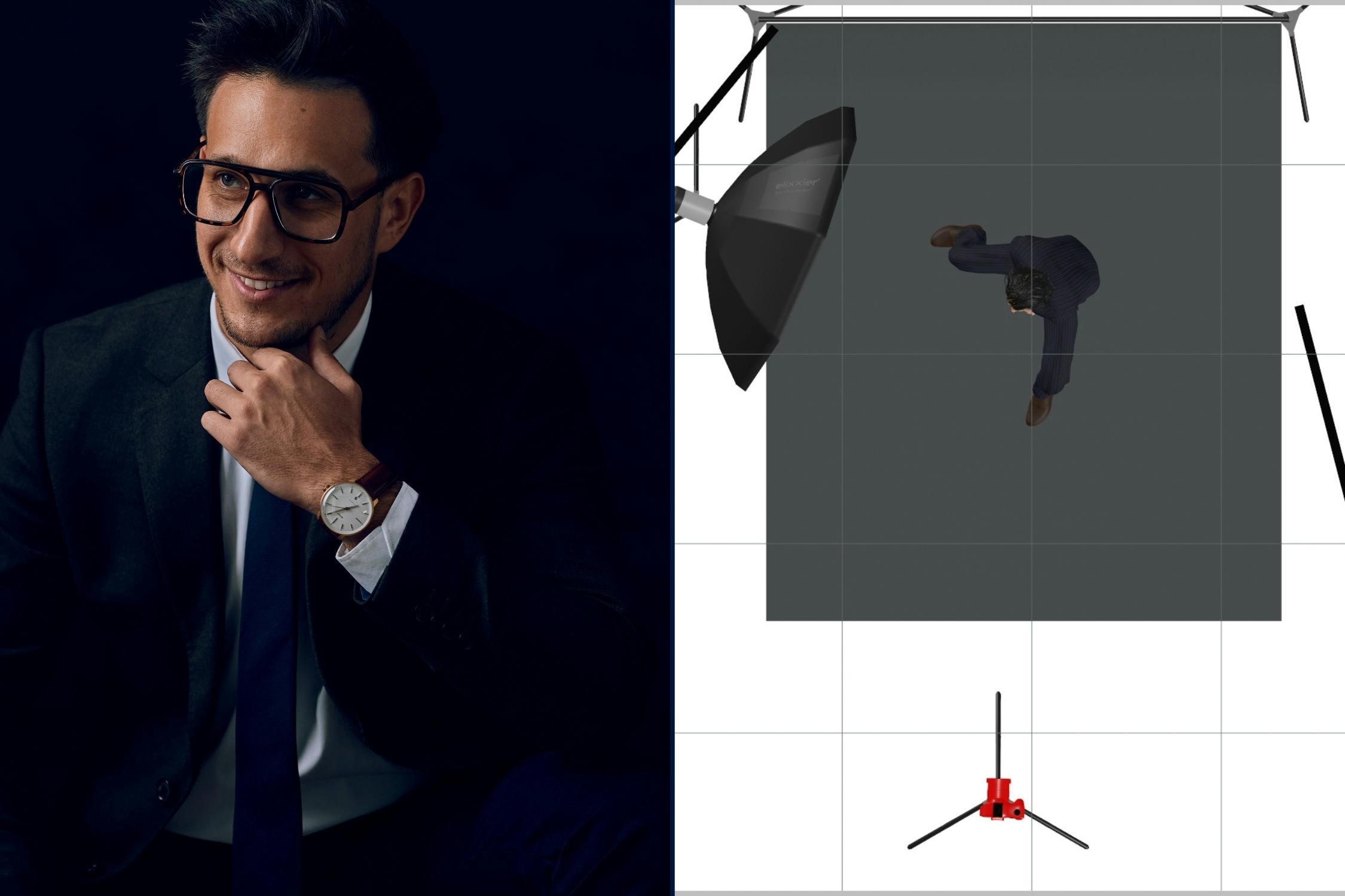 Lighting setup diagram for moody suit portrait of Ian Greenberg using side octabox and black backdrop.