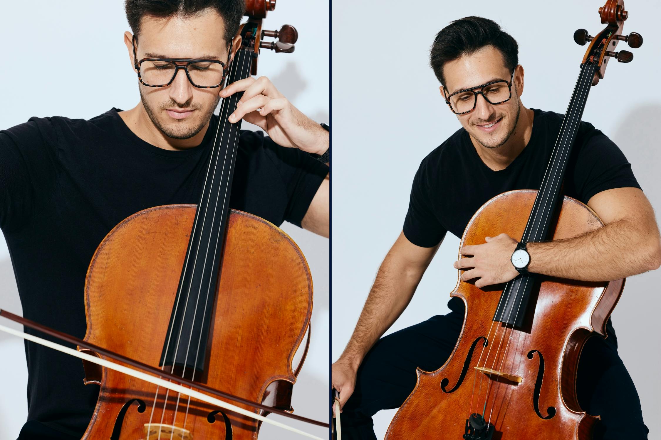 High-key editorial photos of NZSO cellist Ian Greenberg wearing black with cello against white background