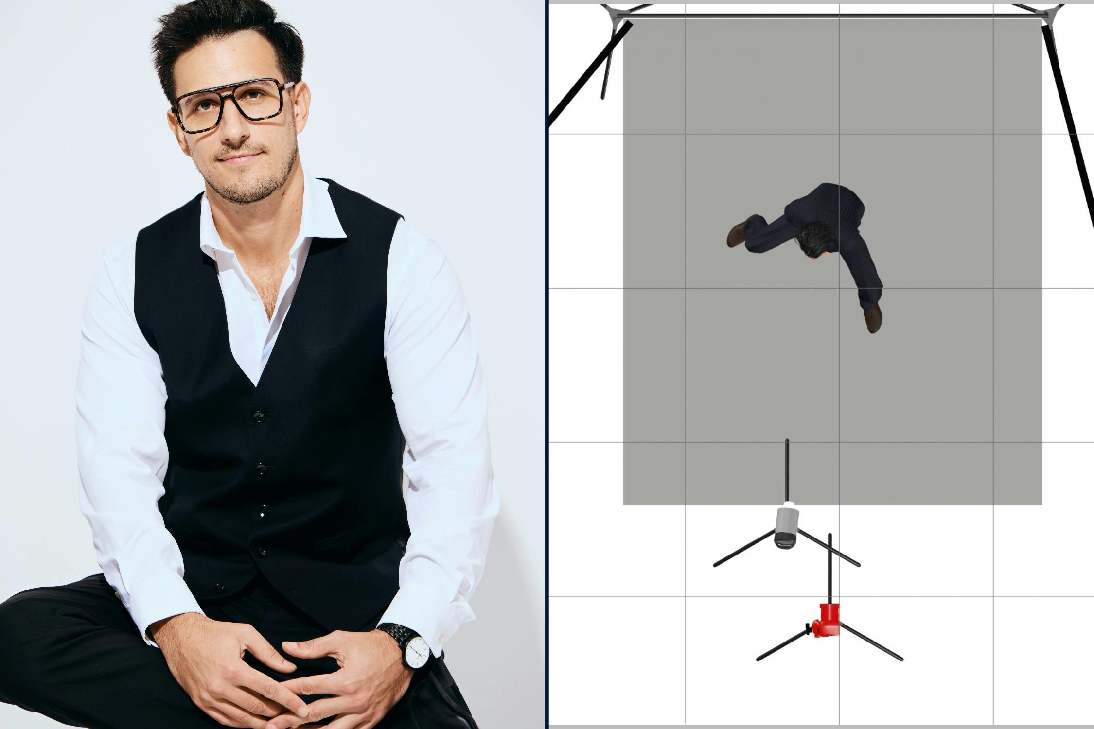 High-key fashion lighting diagram for editorial cello portrait with white backdrop and bare bulb flash.