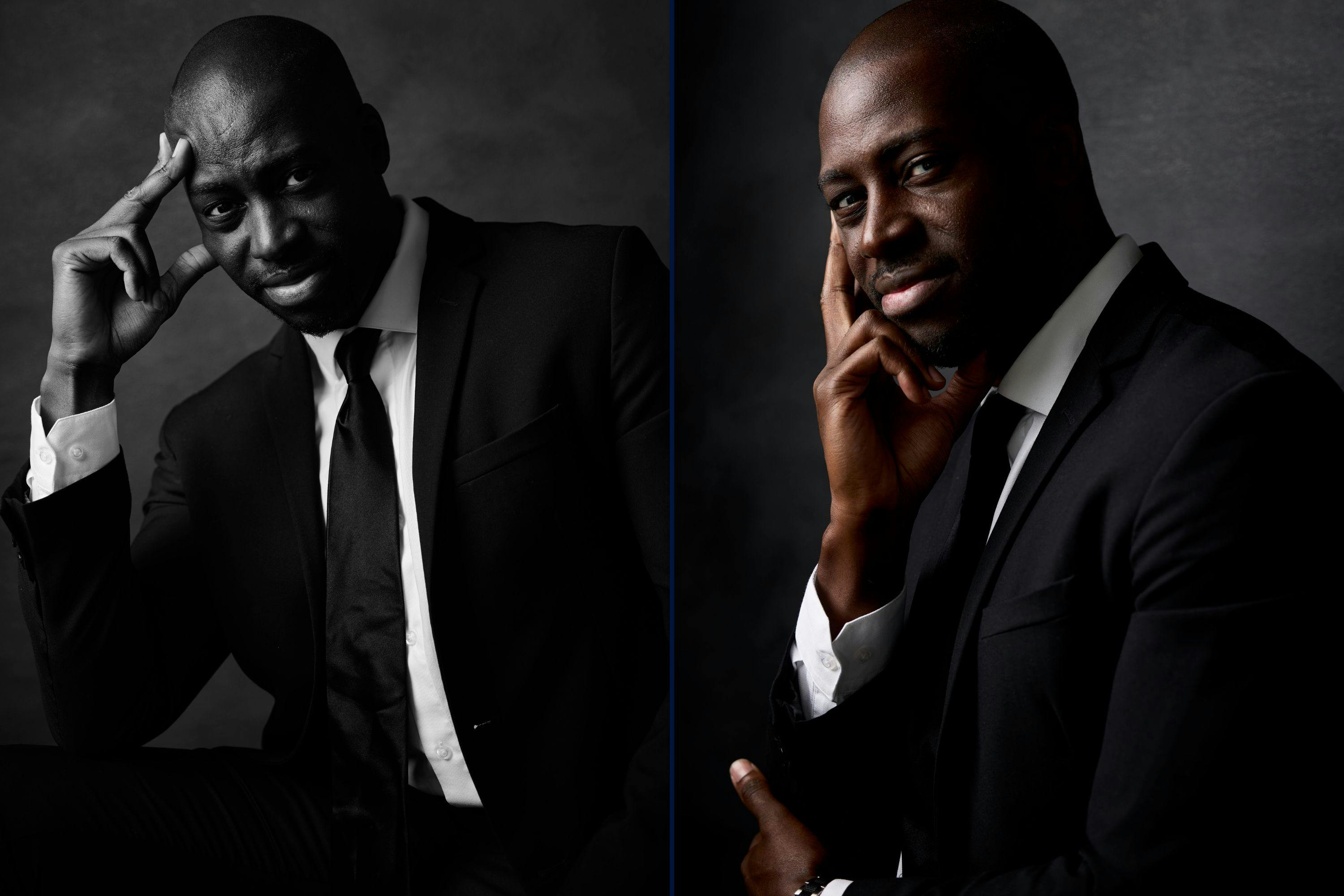 Studio portrait of Mahamadou lit with one softbox and grid in a small space