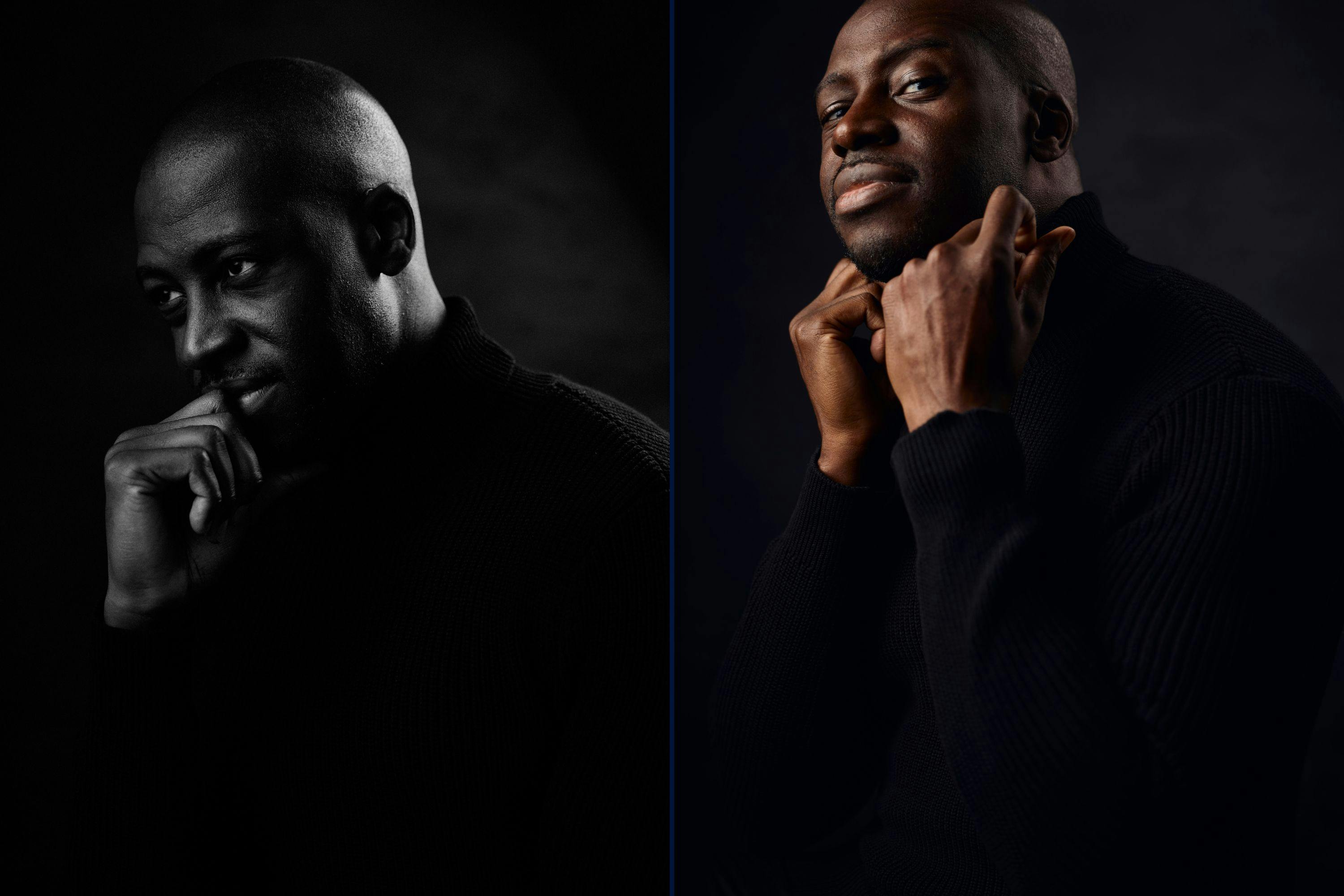 Studio portrait of Mahamadou with soft rim lighting from a second strip softbox