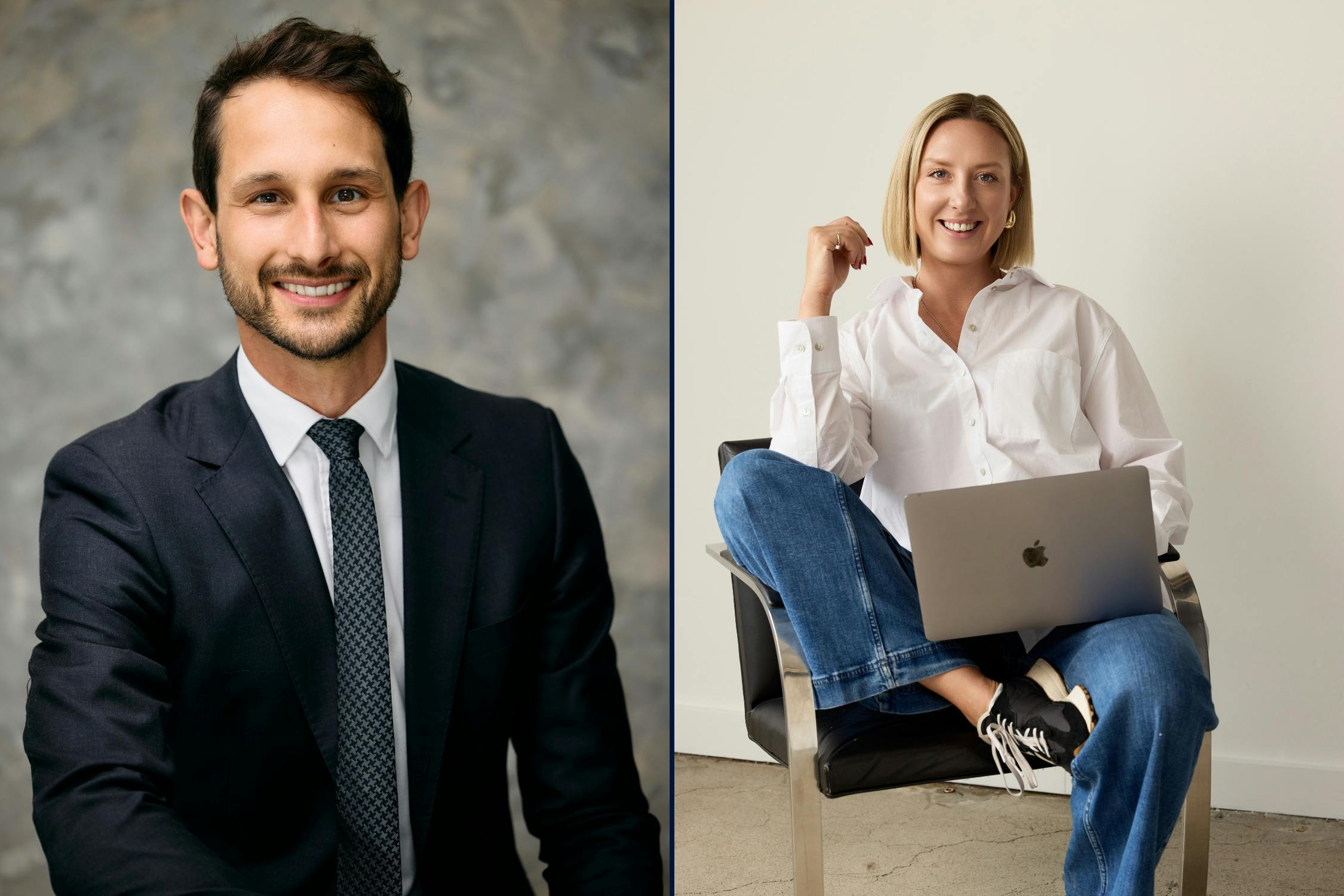 Corporate headshot outfit guide showing a man and woman in mid‑tone colours with neutral background.