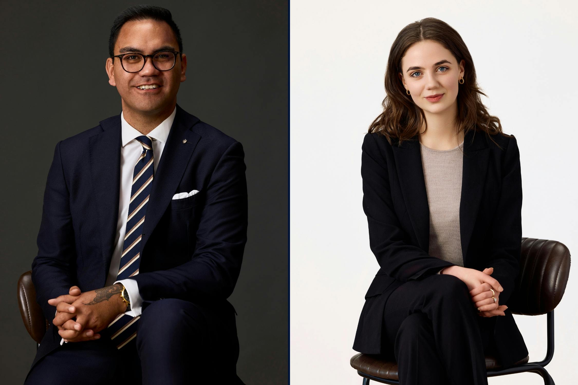 Corporate headshot outfit guide showing a man and woman in mid‑tone colours with neutral background.