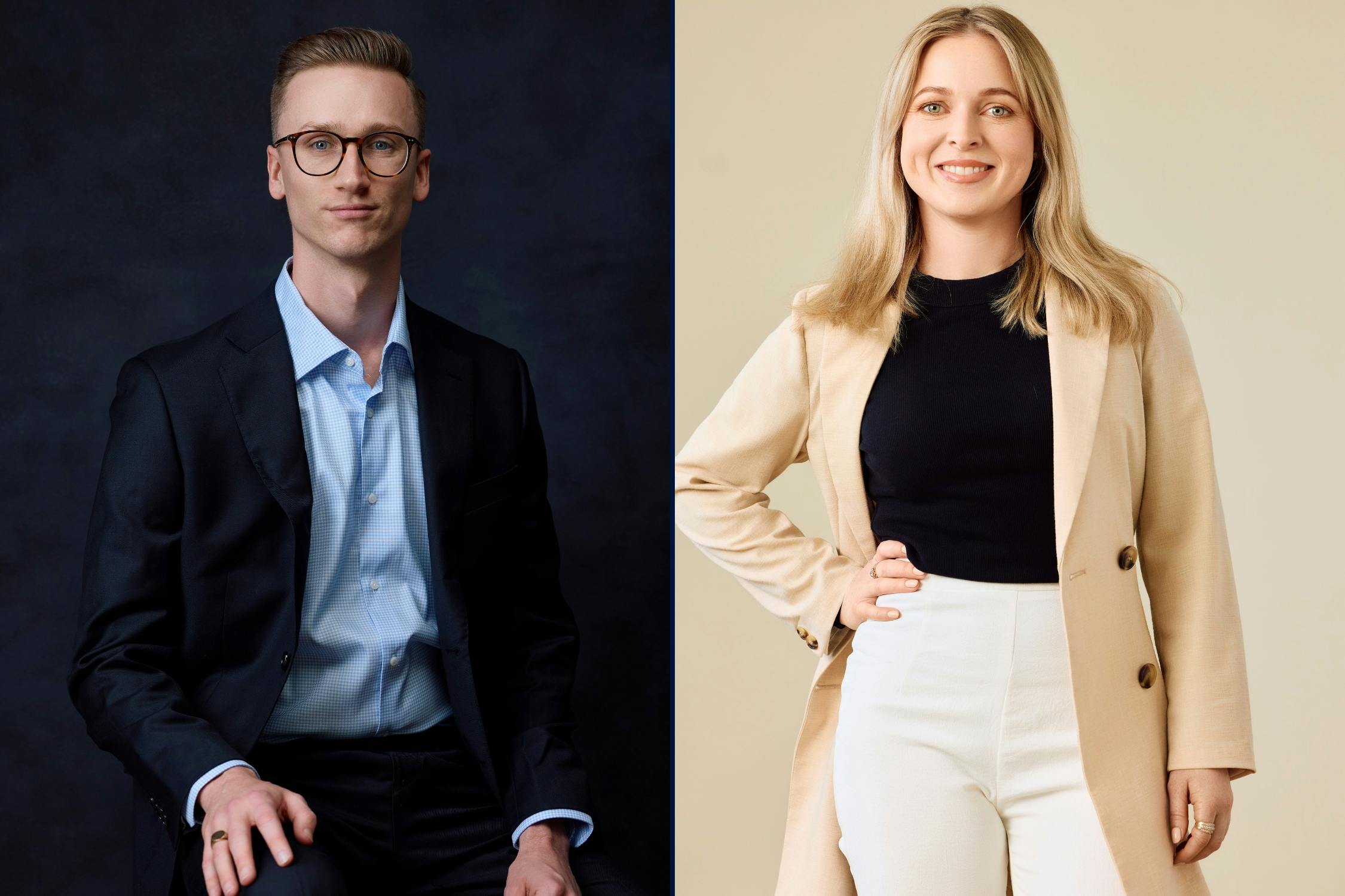 Corporate headshot outfit guide showing a man and woman in mid‑tone colours with neutral background.