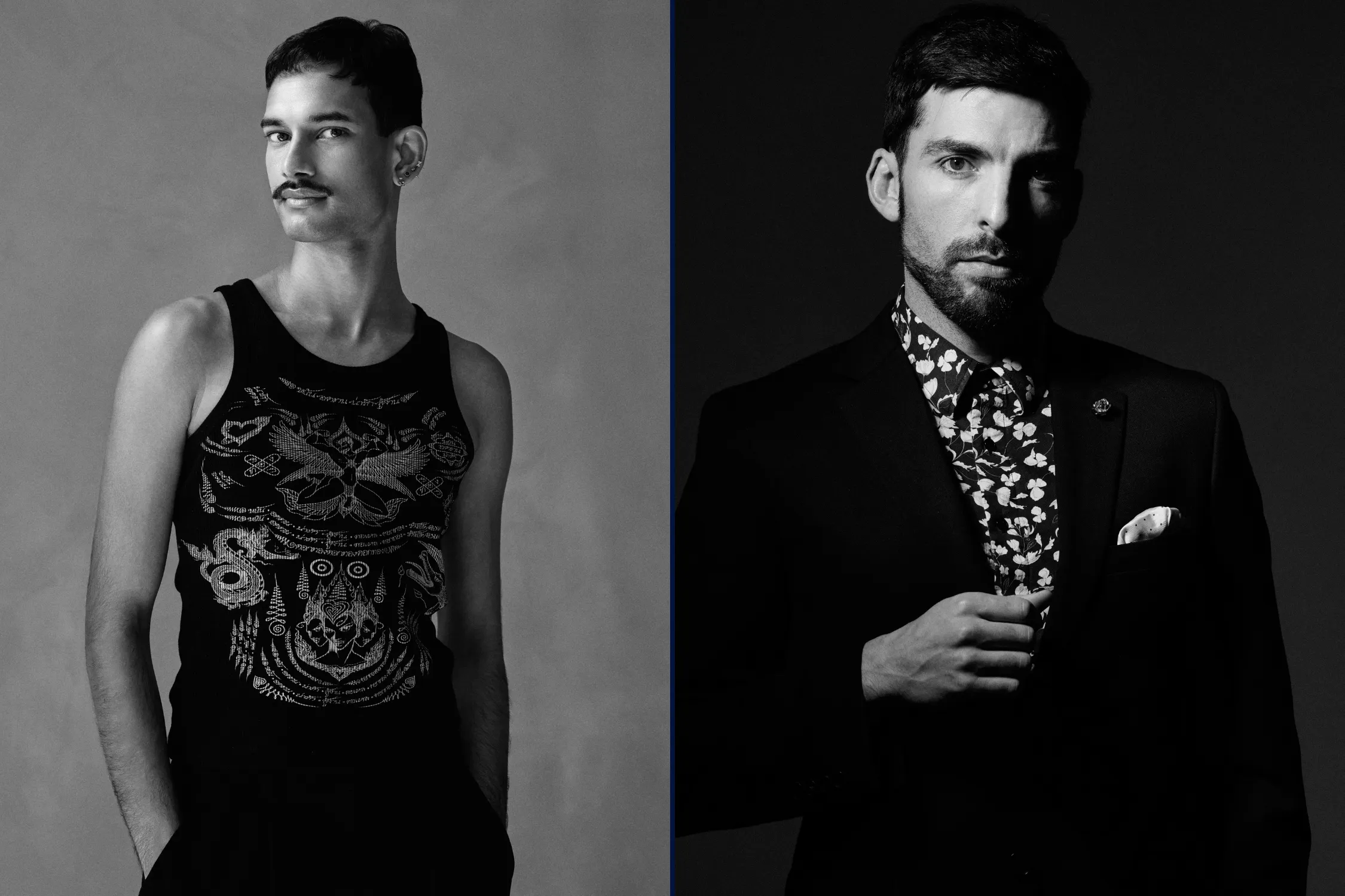 Comparison of soft light and hard light black and white portrait lighting showing the difference in shadow shape and contrast