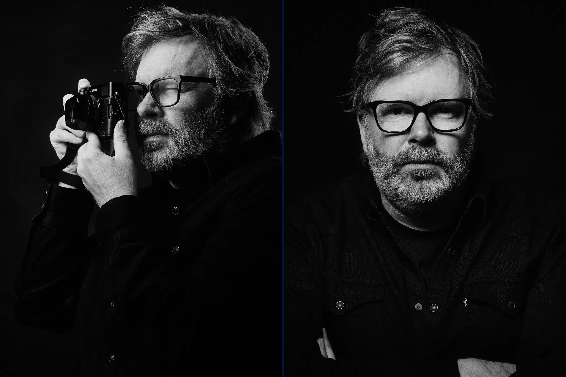 Black and white studio portrait of Dan Newman lit with a beauty dish.