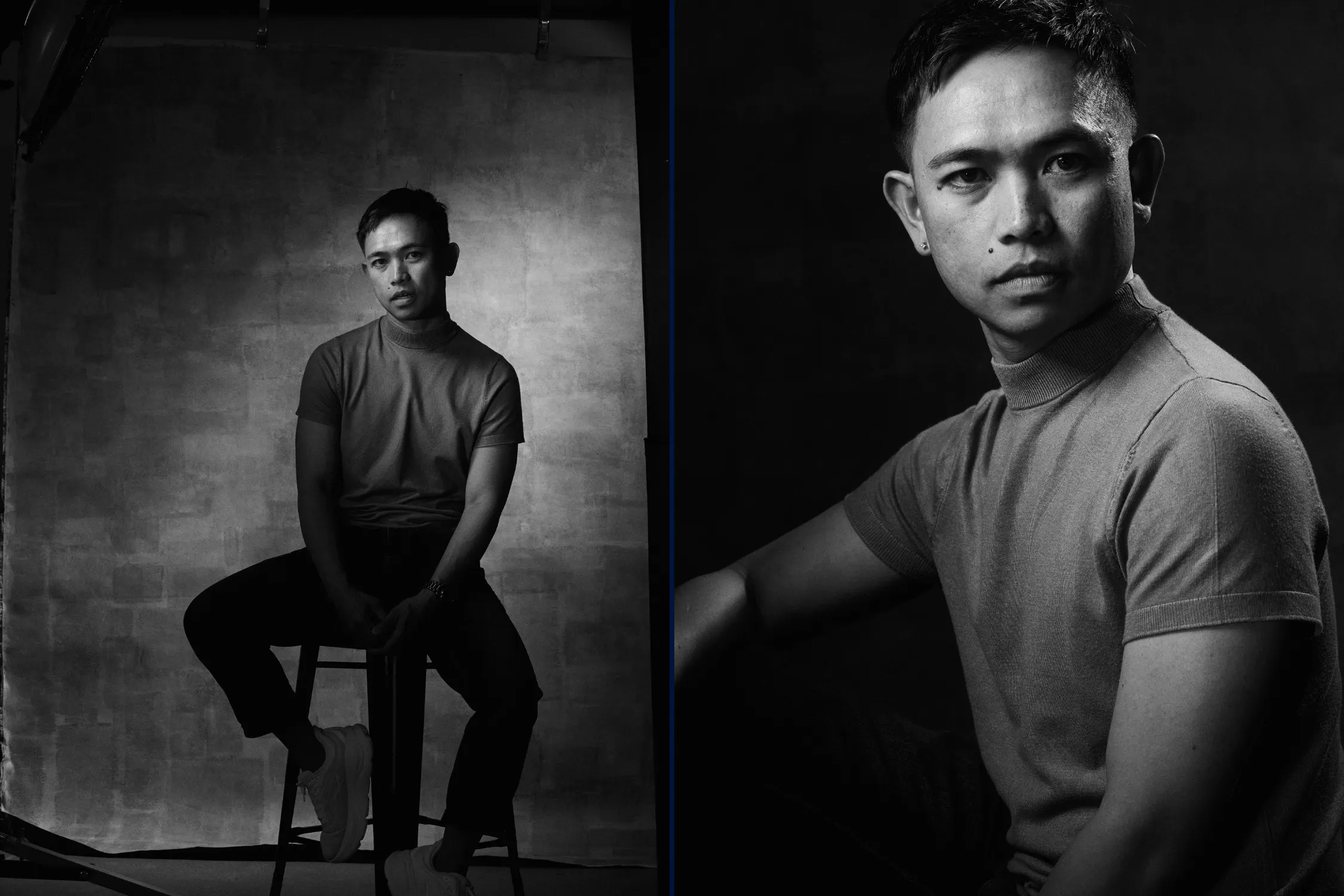 Black and white studio portrait of John Nickle lit with a gridded beauty dish for directional, dramatic light