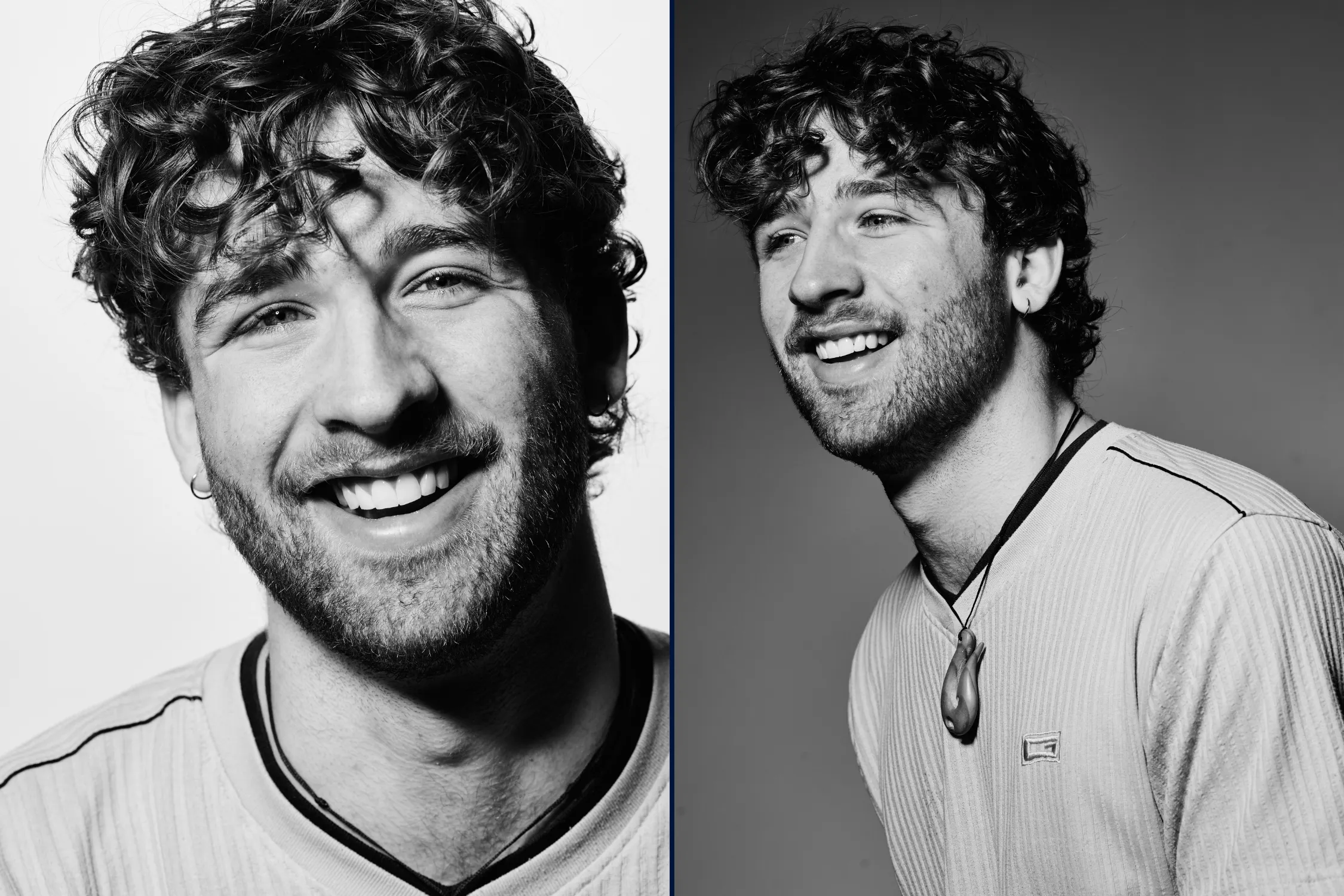 Hard light black and white portrait of Jojo laughing in studio, lit with the Elinchrom High Performance Reflector for cinematic contrast and warmth