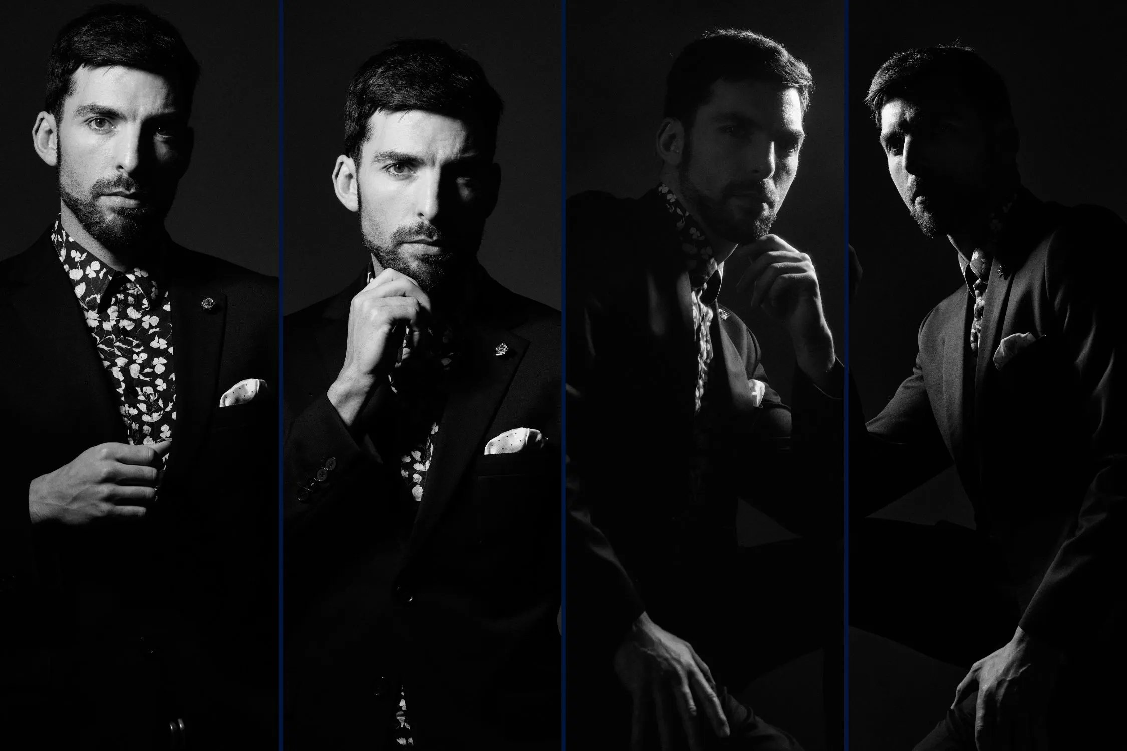 Black and white editorial portrait of Mitchell in a sharp suit and pocket square, lit with a hard reflector for cinematic contrast