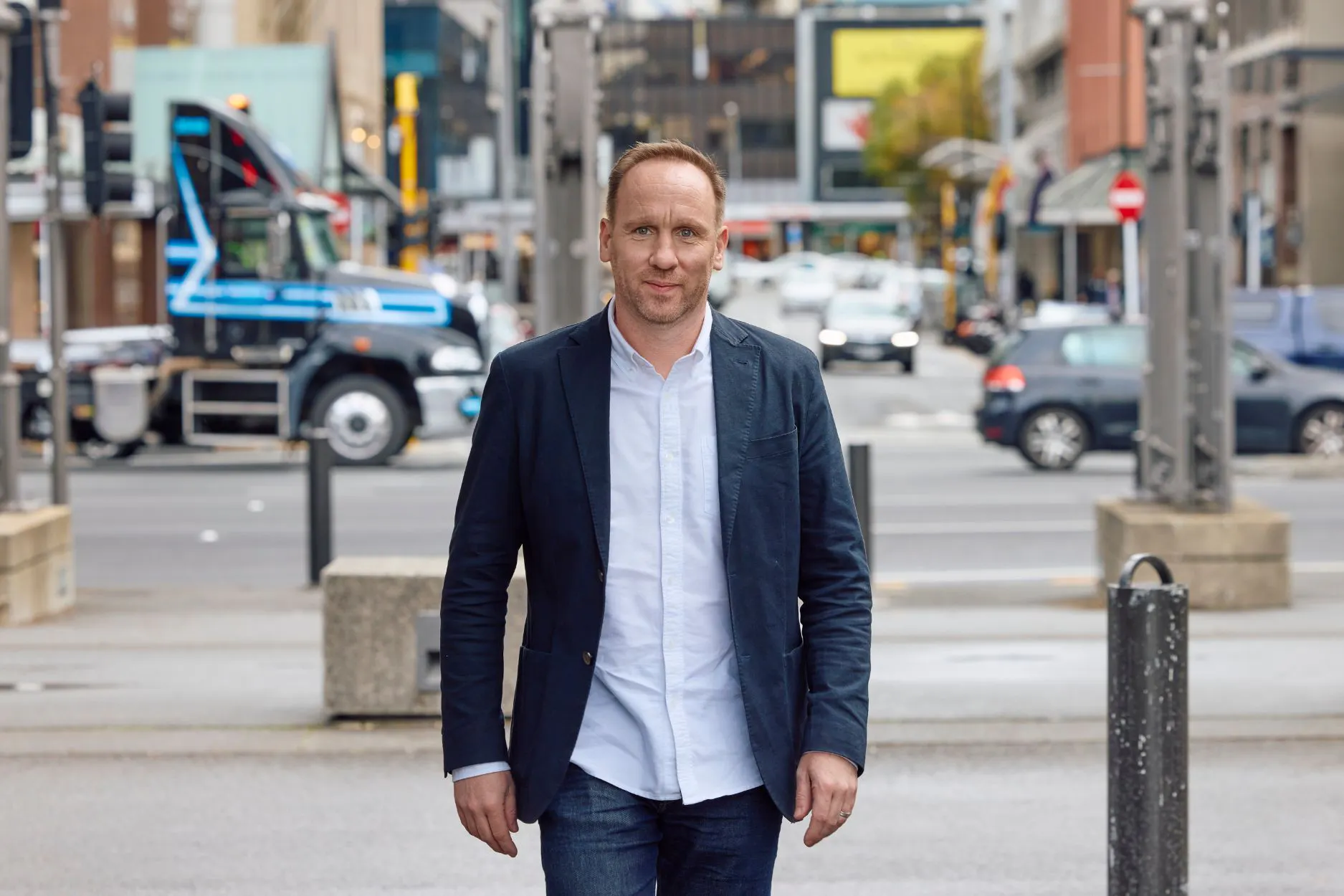 Professional executive portrait photographed walking through central Wellington