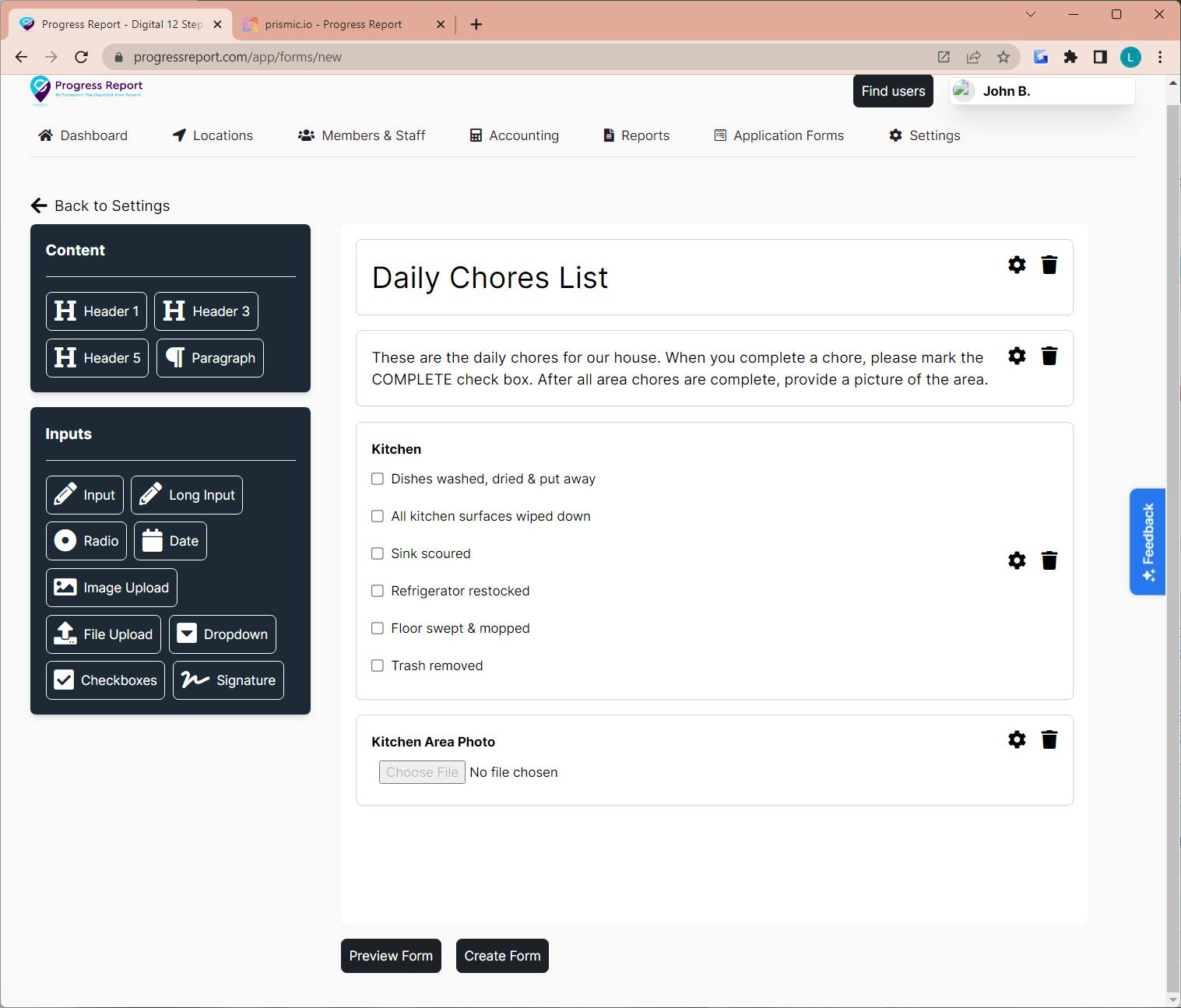 Example Chore List built with the Progress Report Web Application Form Builder