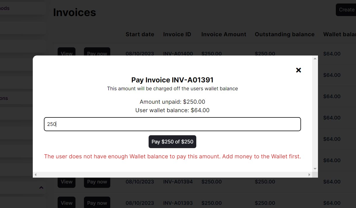 progress report pay invoice dialog box with error for lack of funds