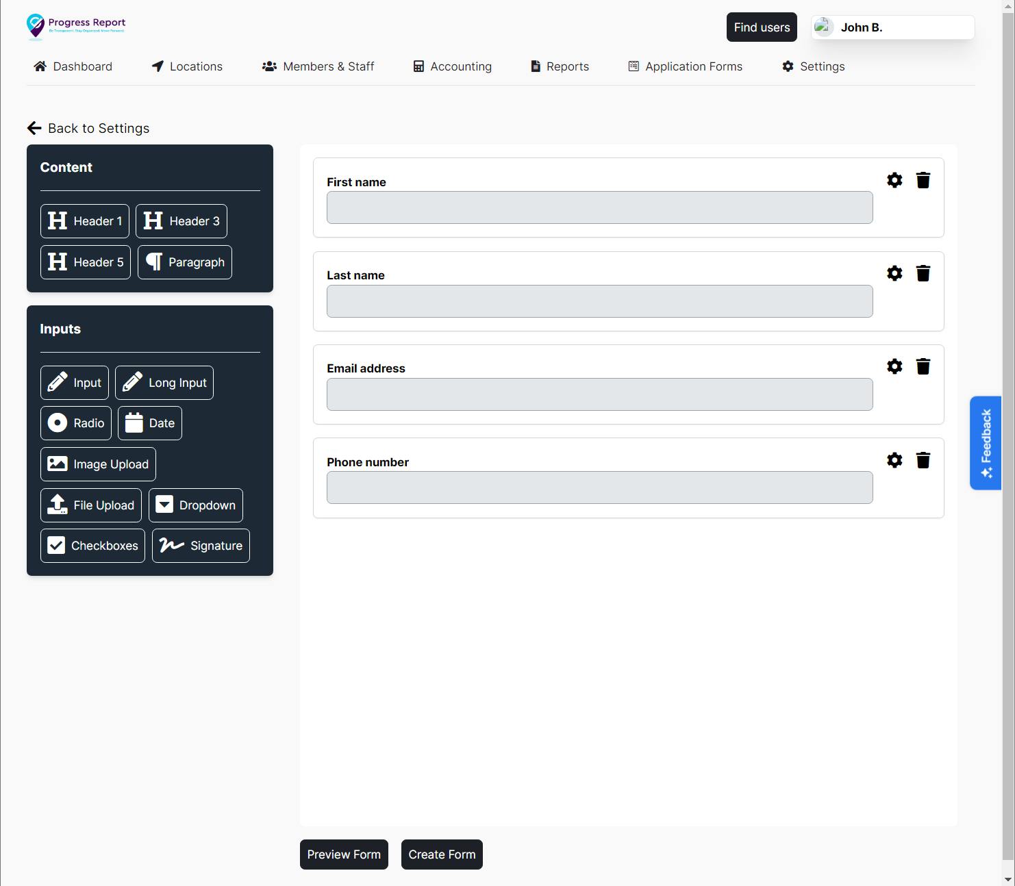 New Application Form built with Progress Report Form Builder web interface