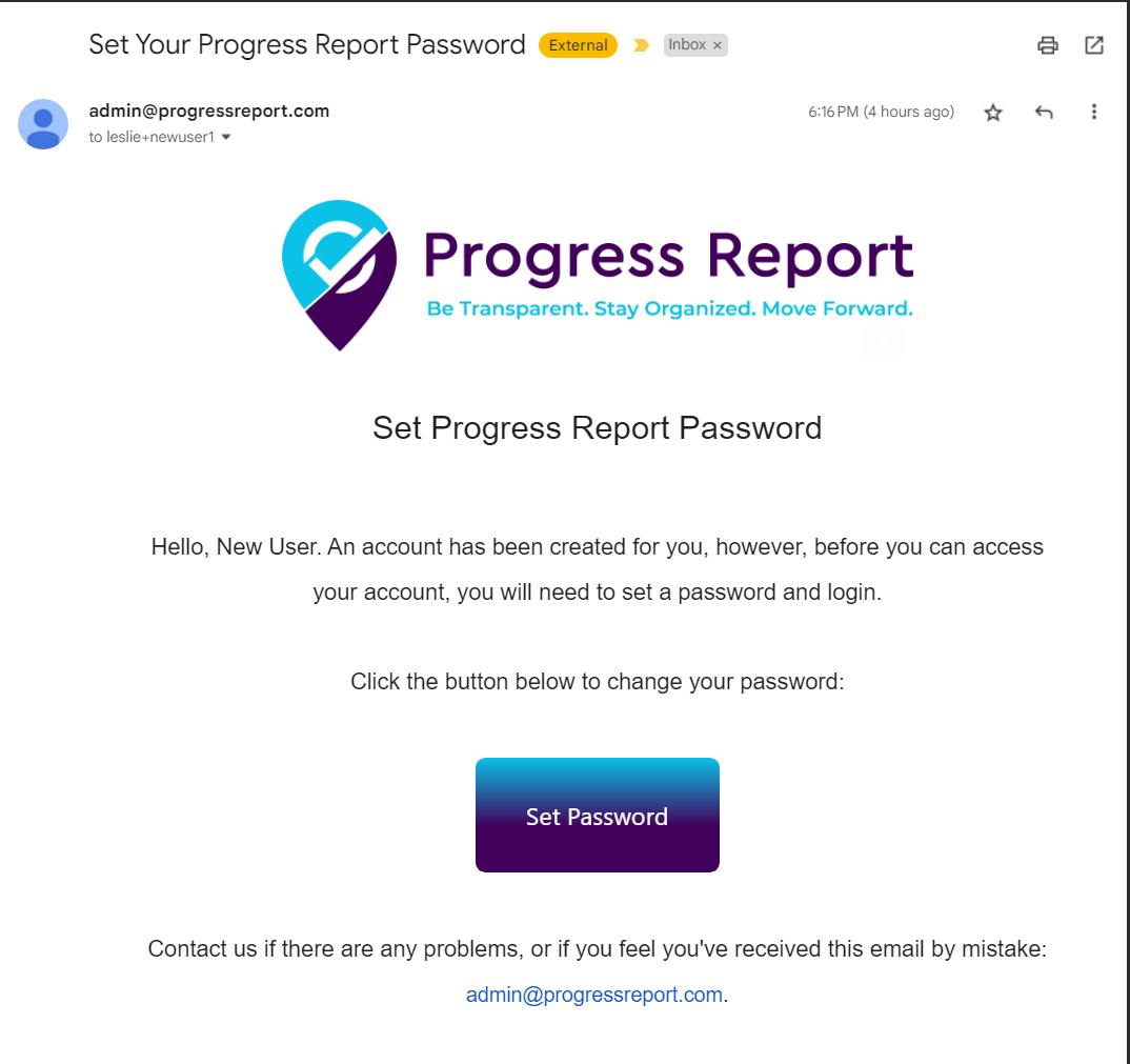 New user password set email for Progress Report organization