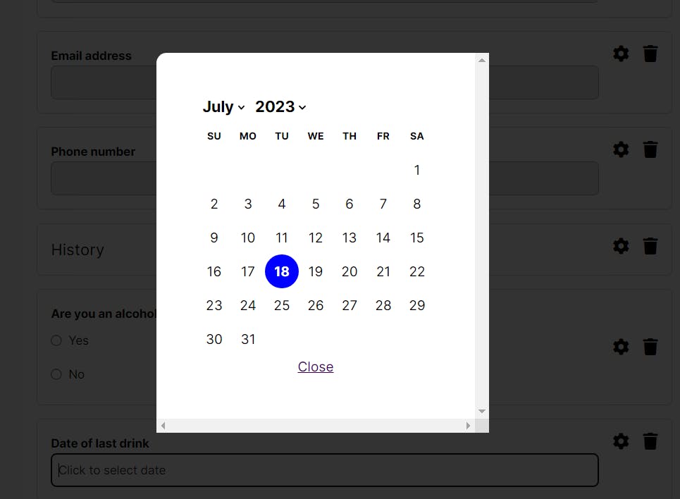 Sample Date field in the Progress Report form building web application