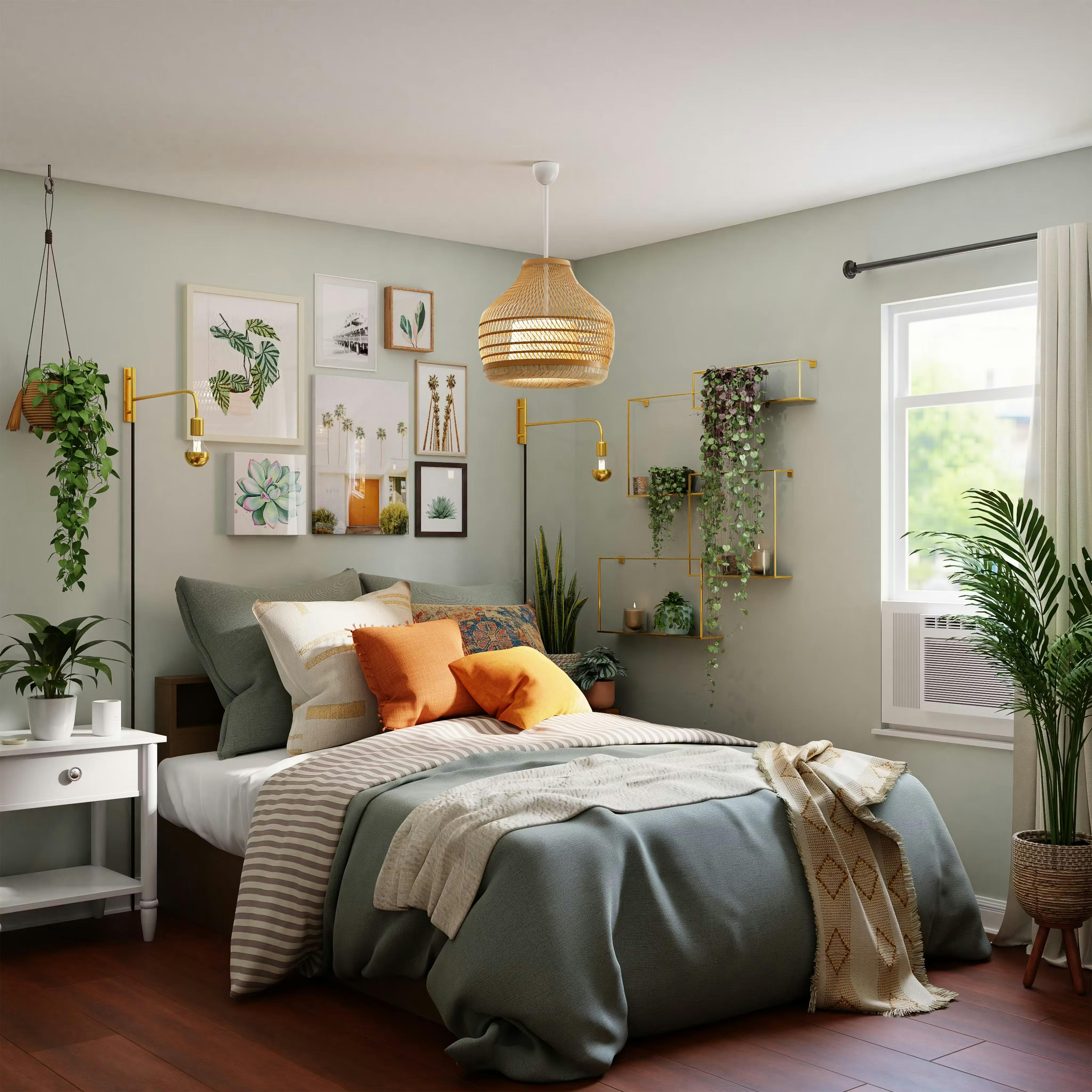 Quarto com cama e plantas