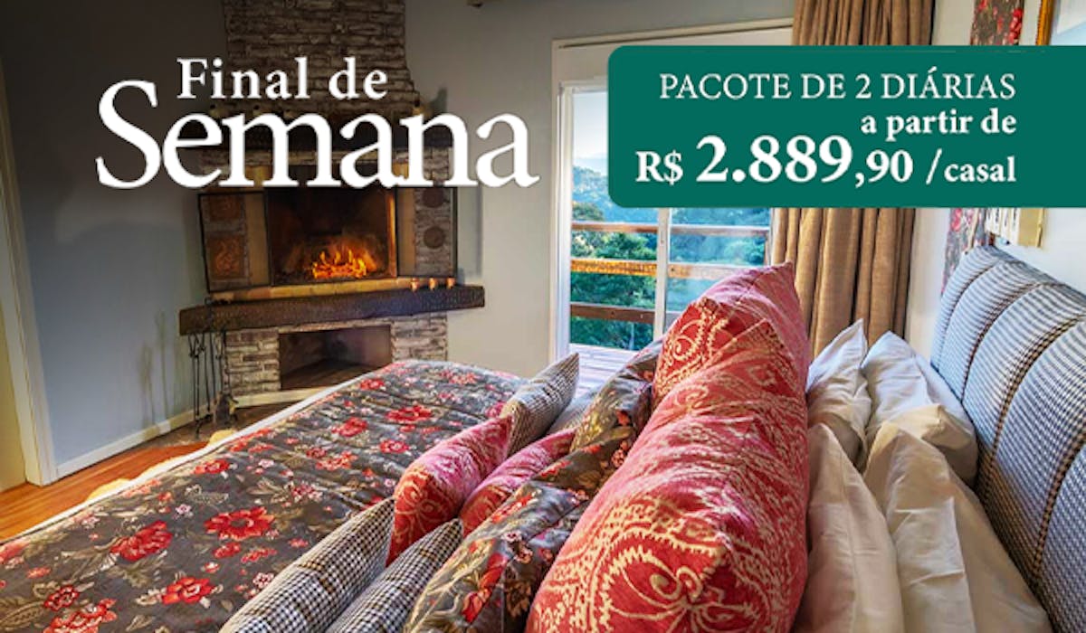 Imagem de quarto aconchegante com lareira, ideal para um final de semana romântico. Pousada Alto da Boa Vista