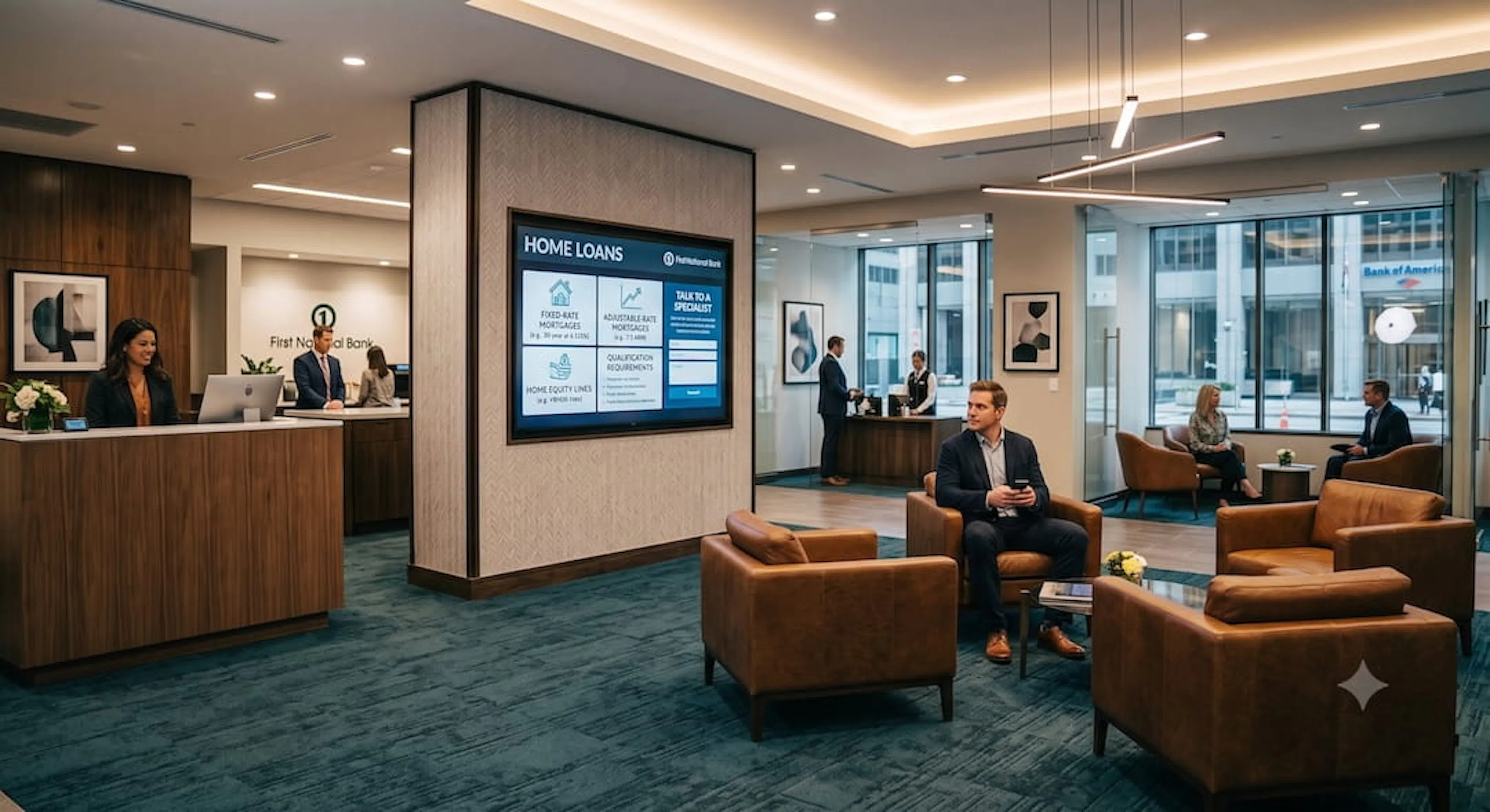 Bank lobby with huge wall display