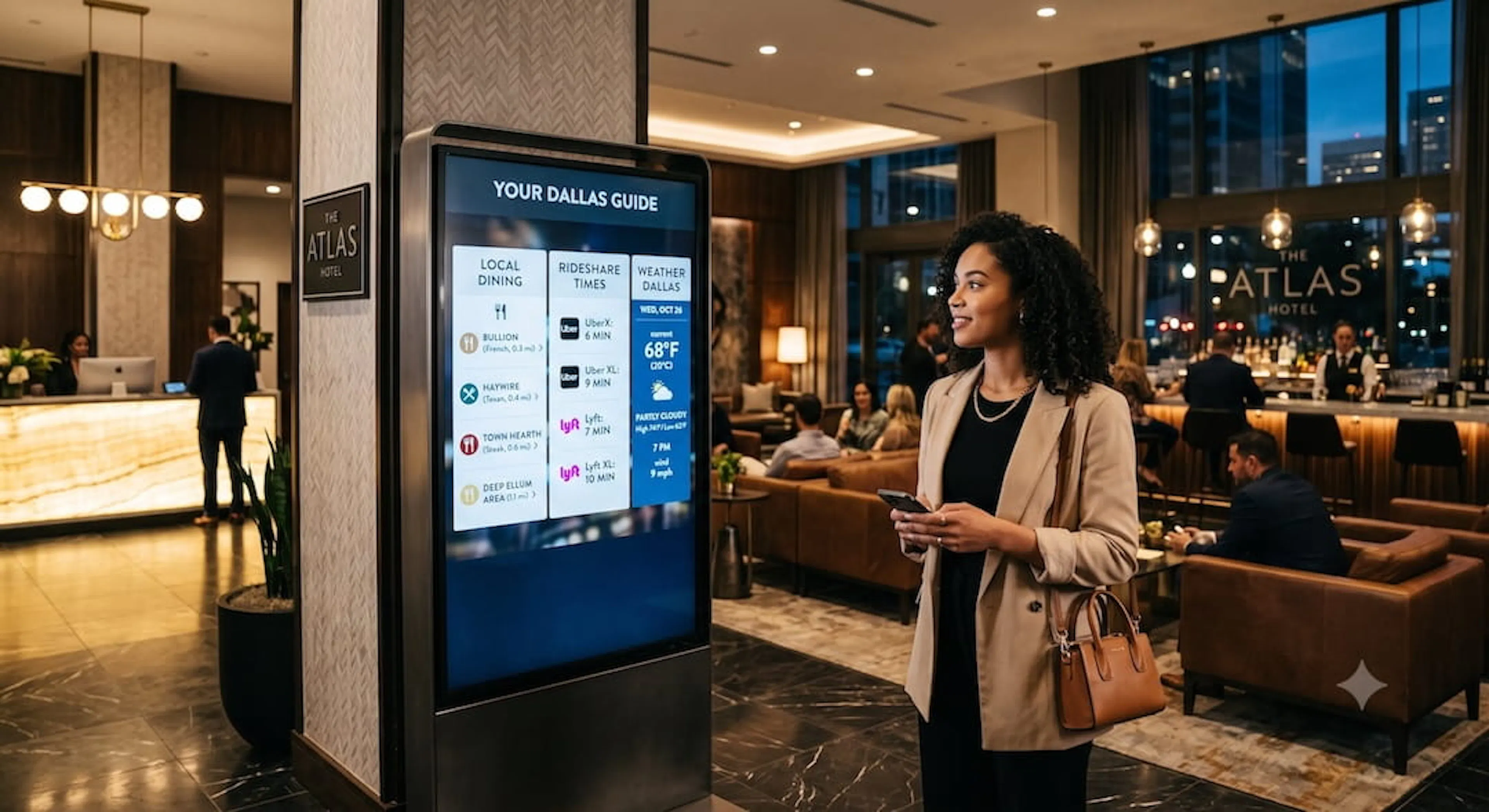 hotel lobby with large digital kiosk