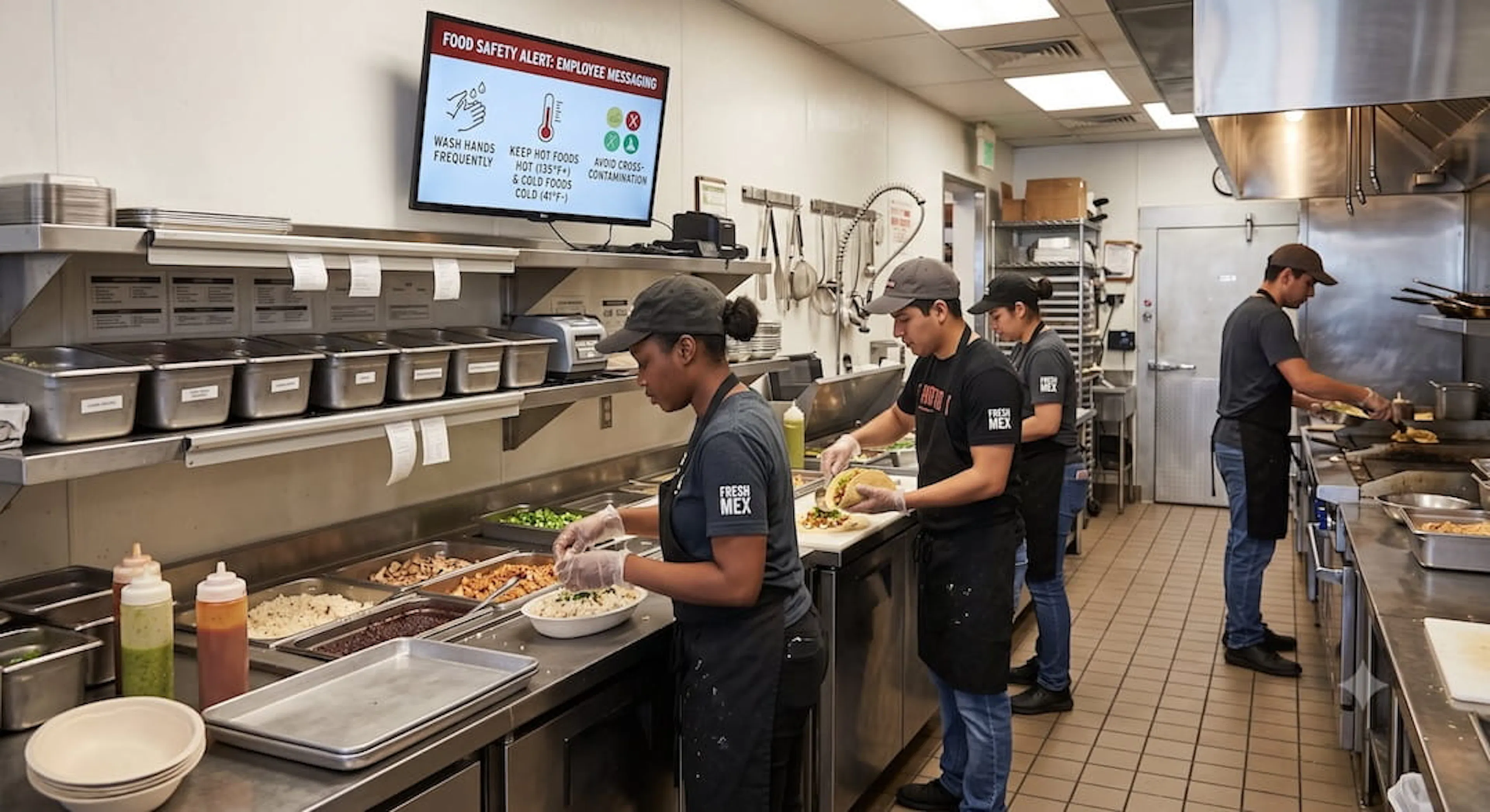 food service kitchen with employee information on digital display