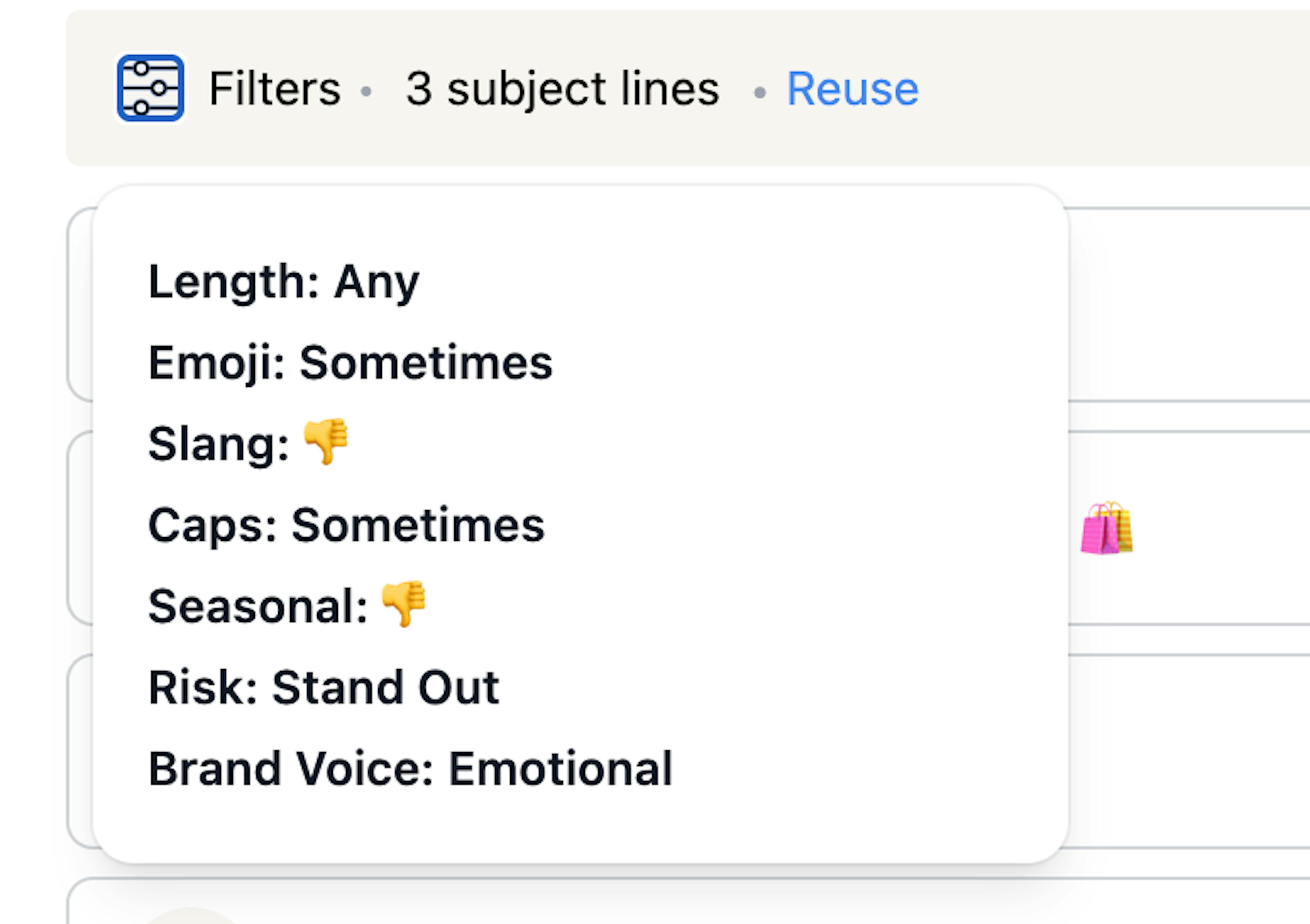 Historic filters allow users to access their winning combinations for subject lines.