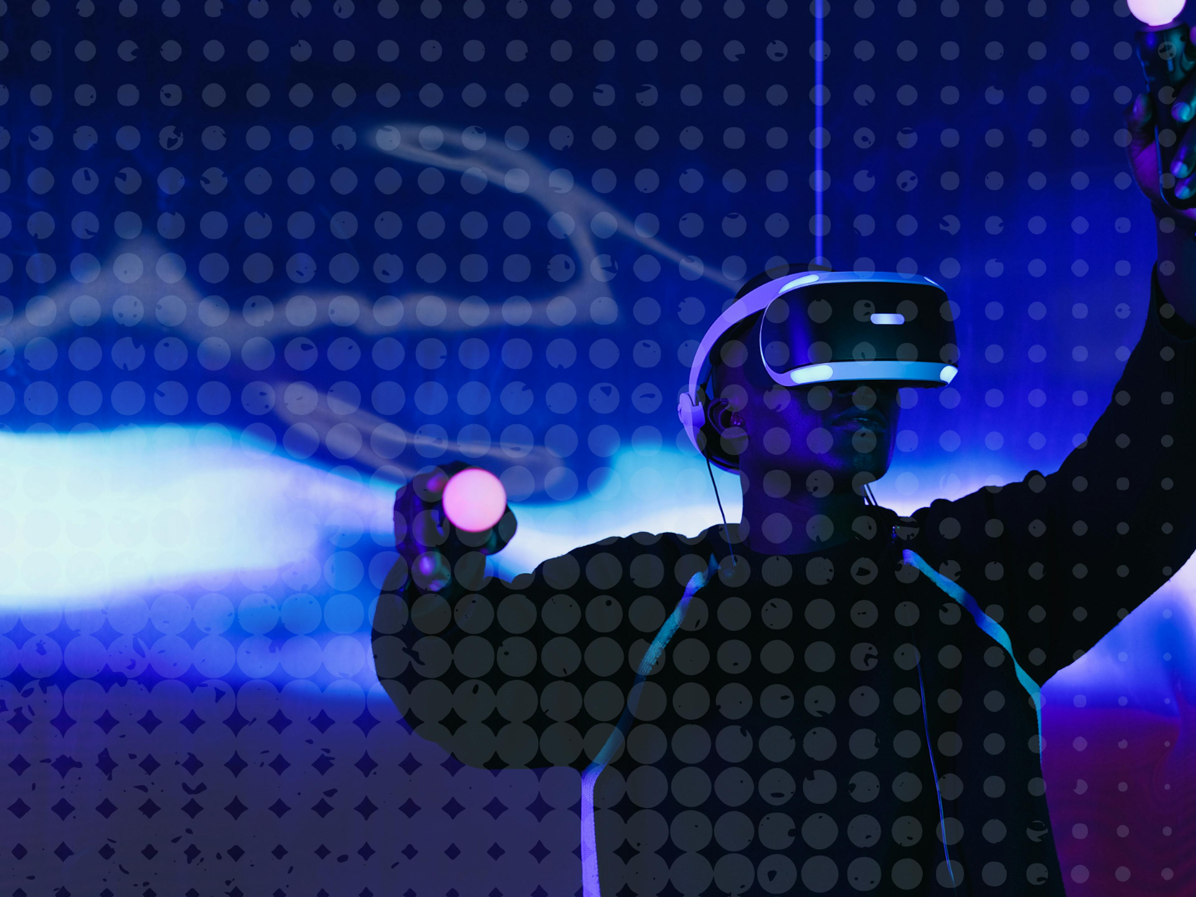 A person working while wearing a VR headset