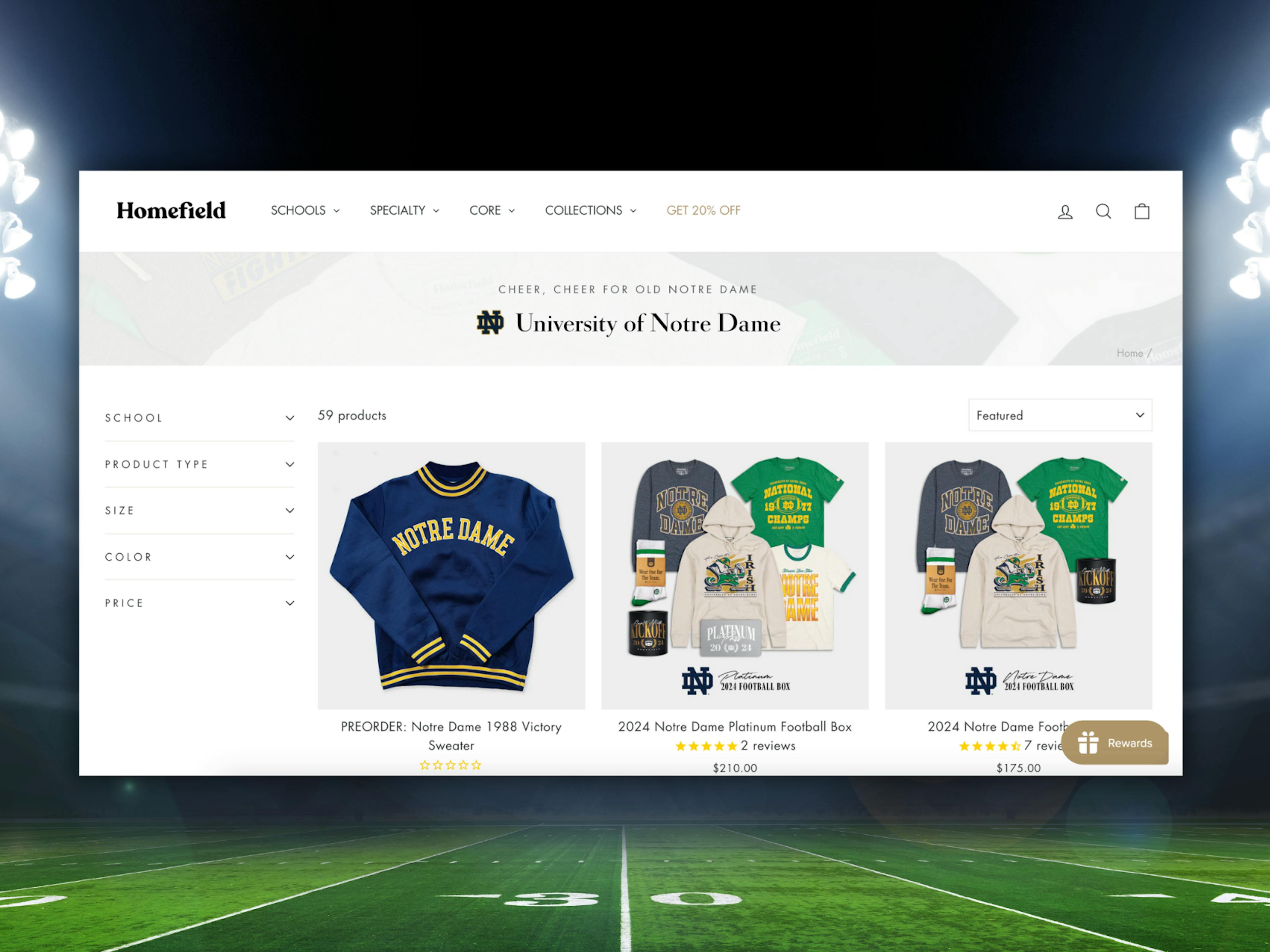 A display of Homefield’s Notre Dame-themed apparel, including T-shirts and sweatshirts, featured in the email campaign.