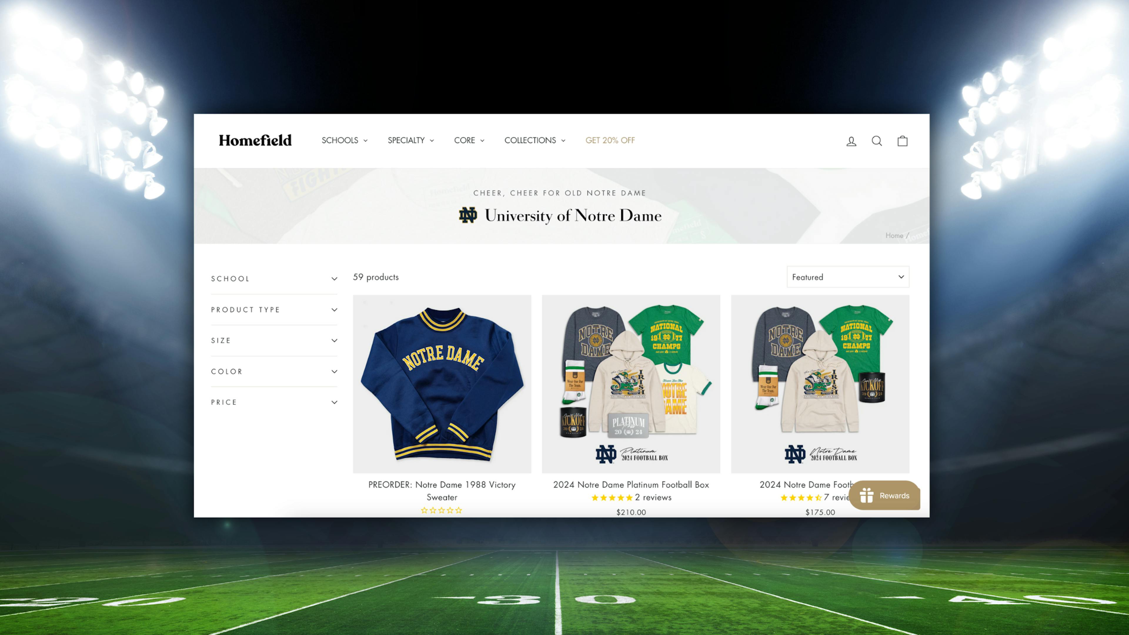 A display of Homefield’s Notre Dame-themed apparel, including T-shirts and sweatshirts, featured in the email campaign.