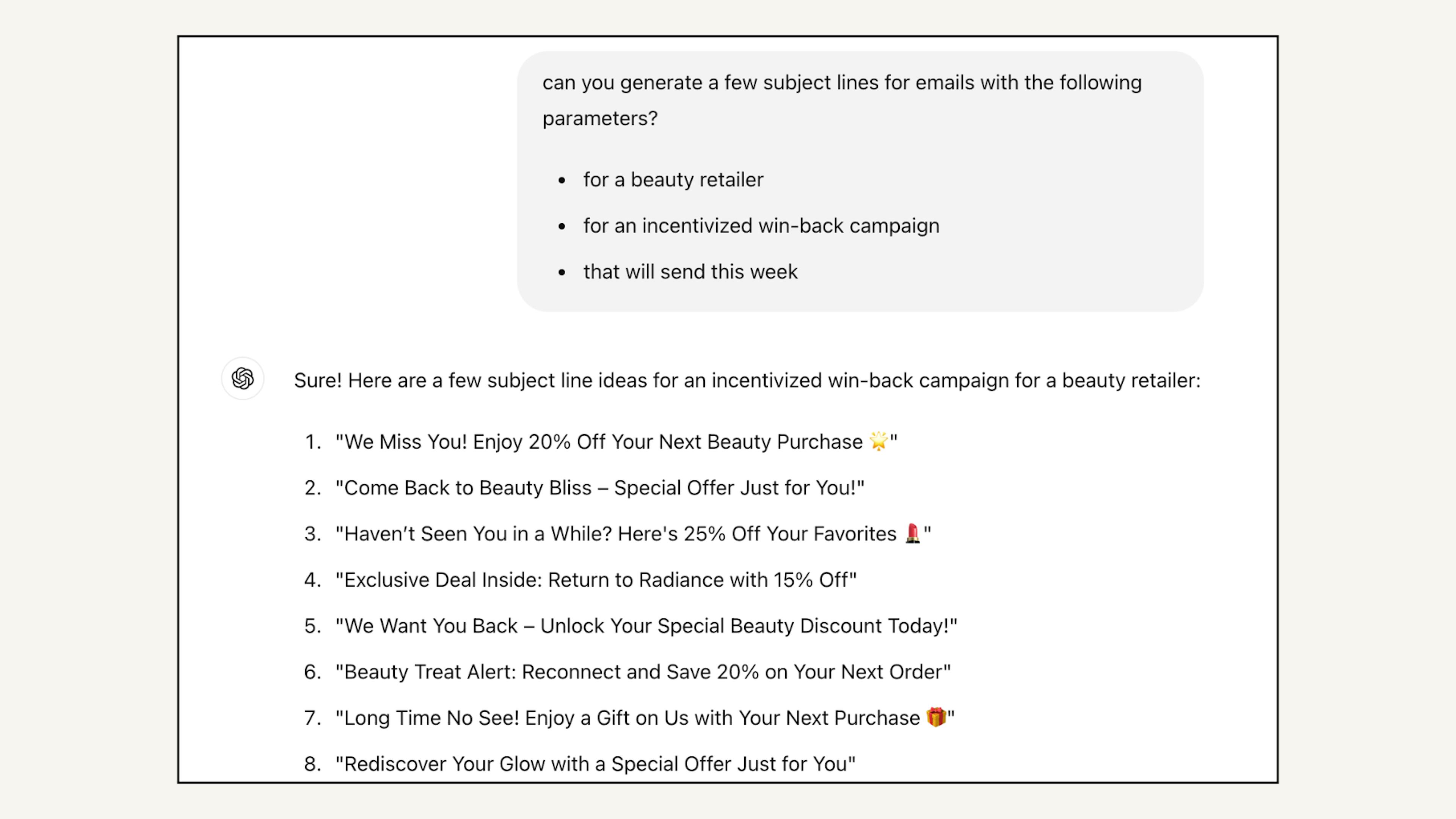 Example of ChatGPT's AI email subject lines