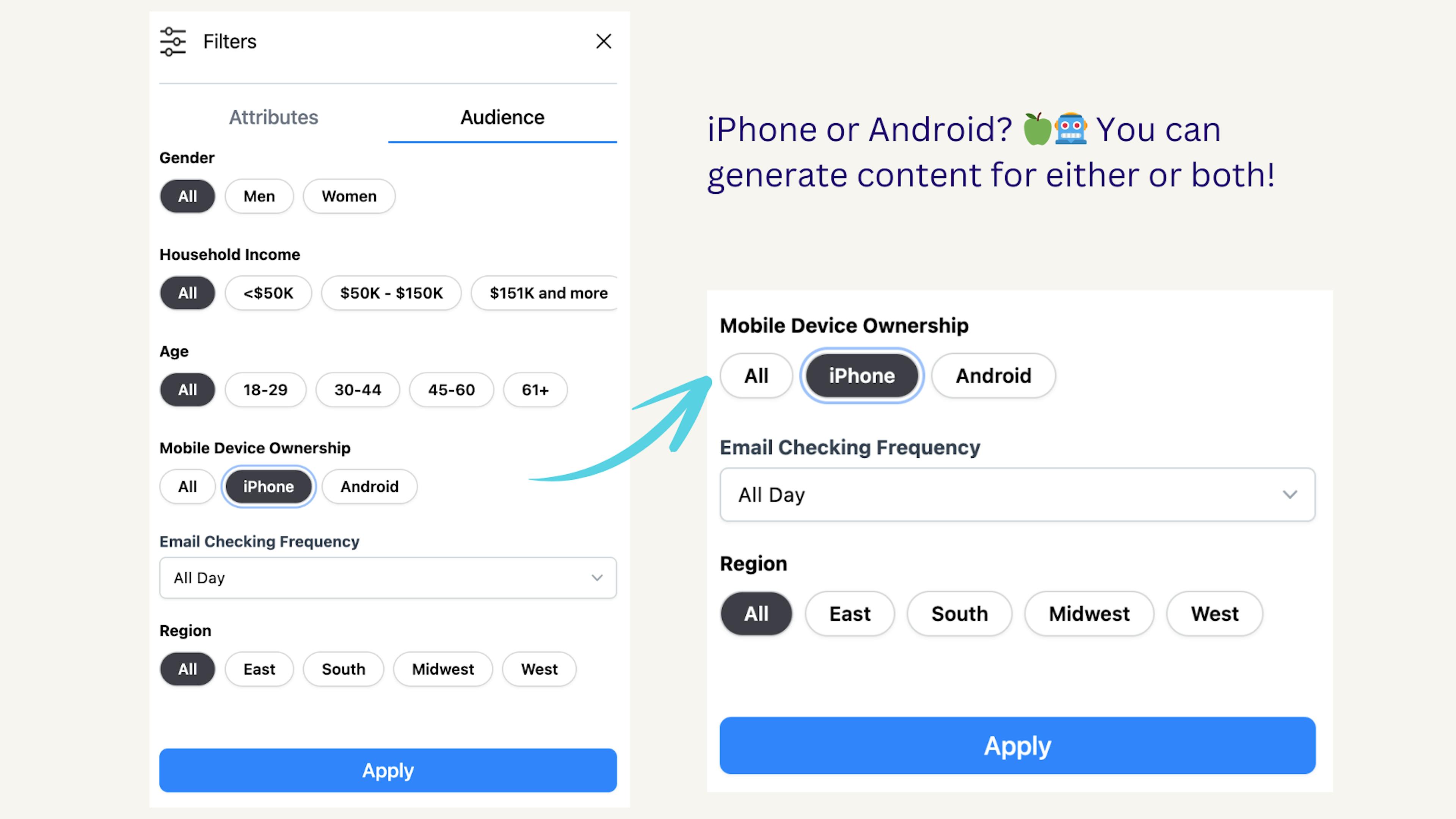 how to customize mobile device selection in Backstoke's email subject line generator