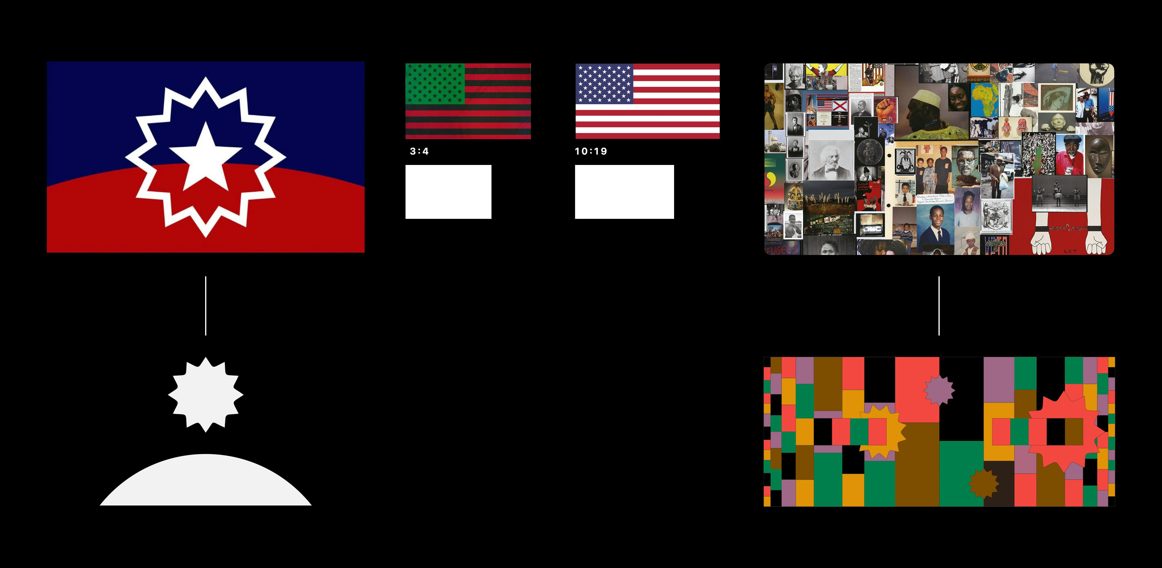 Image of the Juneteenth flag (star & horizon shape) elements deconstructed into graphics. Along with the ratios of the Black American flag and American National Flag used as tiles.