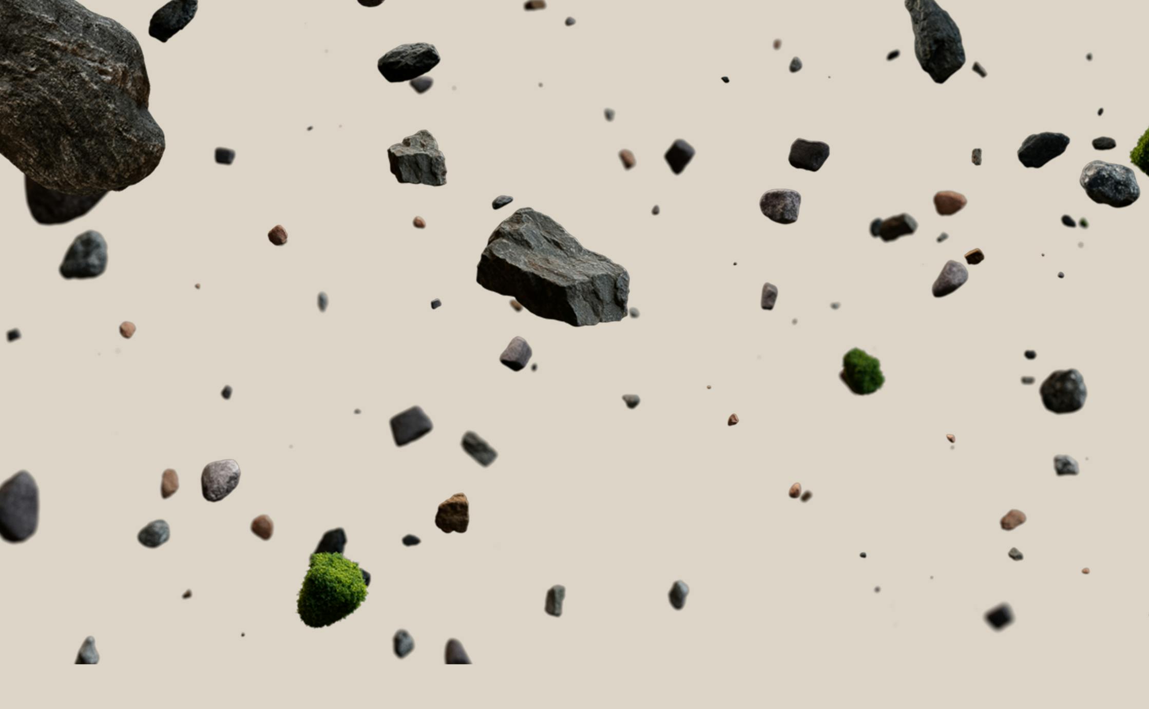 Rocks and natural particles floating in a void.