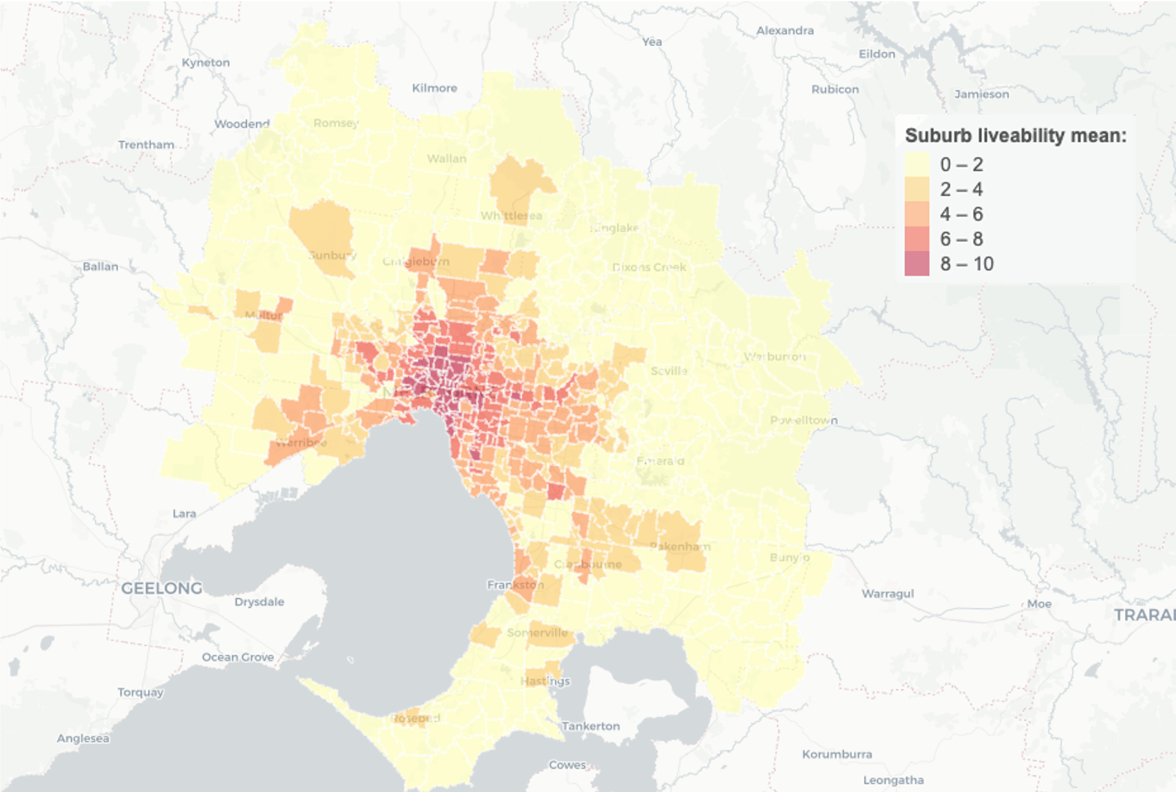 Map of Melbourne colour-coded by suburb according to the Suburb Liveability Index